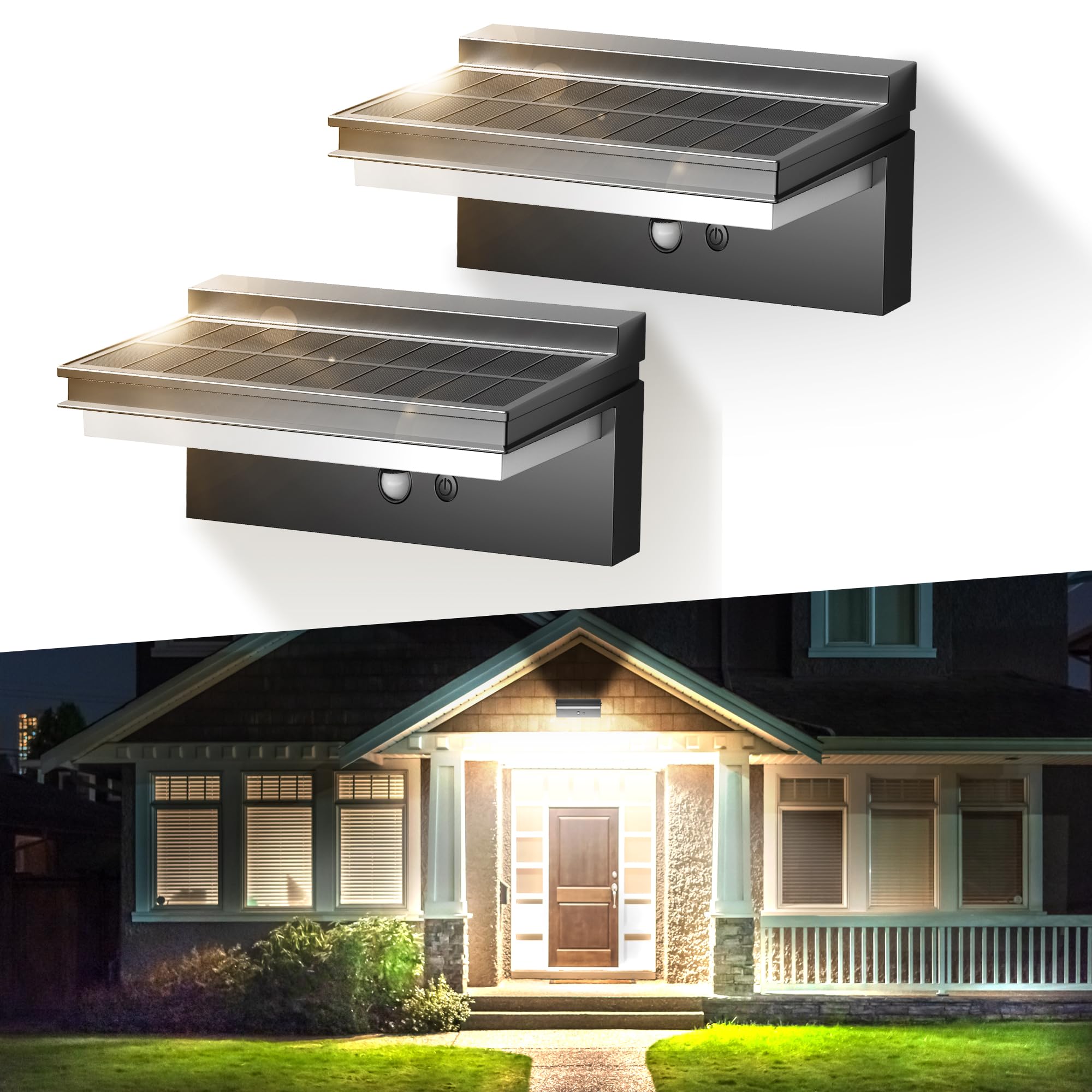 Solarlampen für Außen mit Bewegungsmelder 2 Stück, Kaltweiß | 6500K, IP65 Wasserdicht,1500LM, 4 Betriebsmodi für Garten, Garage, Vordach, Terrasse und Hof