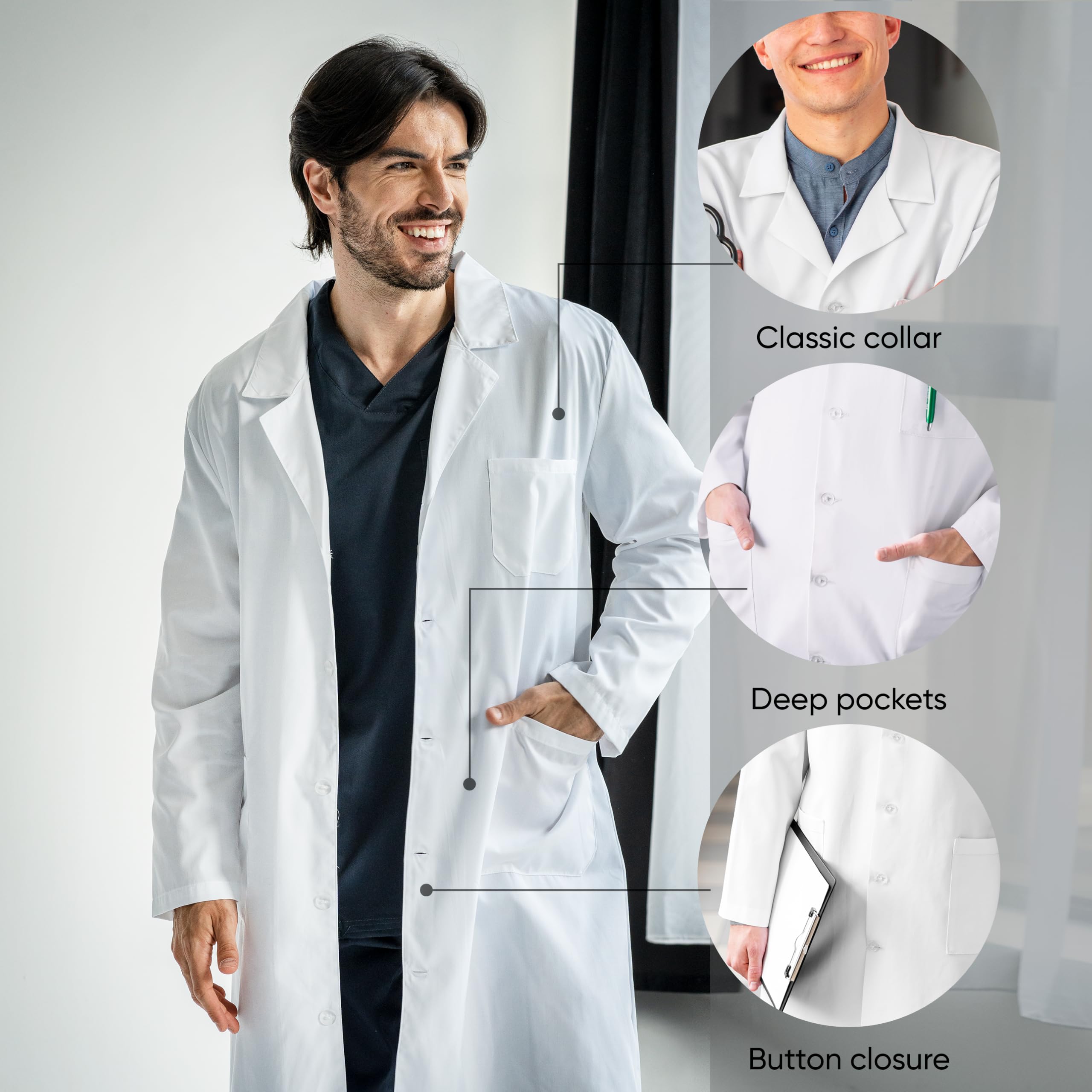 B-well Fabio Camice da Laboratorio Uomo Bianco Abbigliamento da Lavoro e Divise Camice Uomo Maniche Lunghe e 3 Tasche e Fissaggio con Bottoni