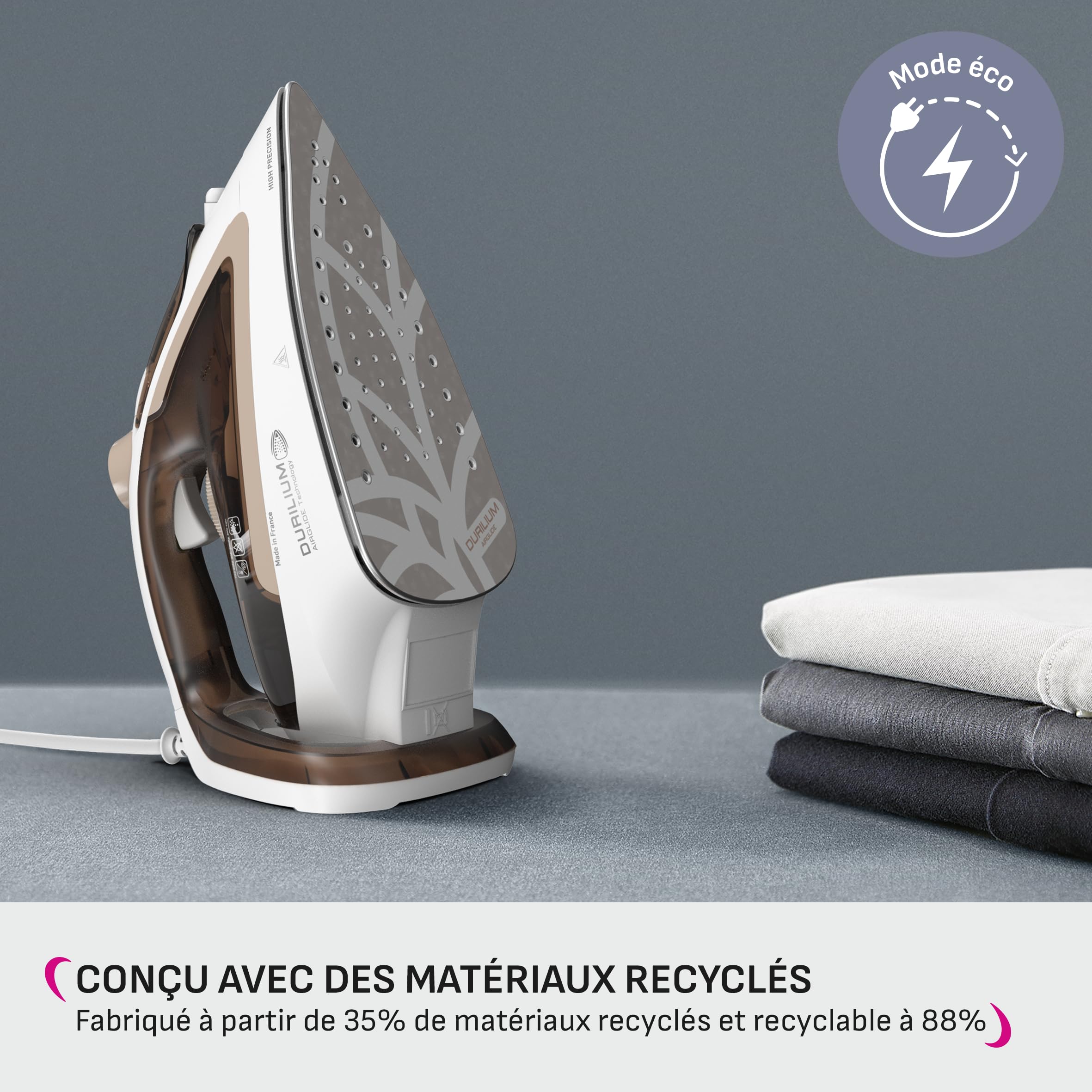 Calor Easygliss Eco Fer à repasser, 2800 W, Débit vapeur 50 g/min, Fonction Pressing 240 g/min, Jusqu'à 30 % d'économie d'énergie, Semelle Durilium Airglide, Fabriqué en France, Argile FV5780C0 - 4