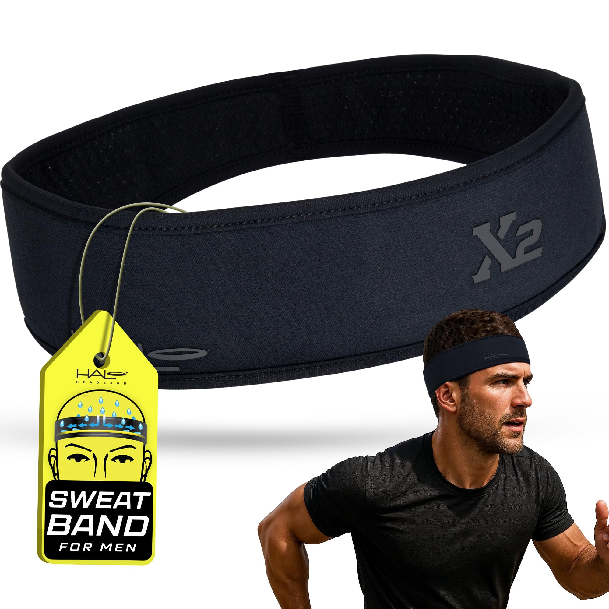 Halo Headband for Men X Series for Extreme Sweating- 2 Width Sizes-3 Layers of Super Absorbing Dryline Fabric with Patented SweatSeal to Channel Sweat Away from Eyes.