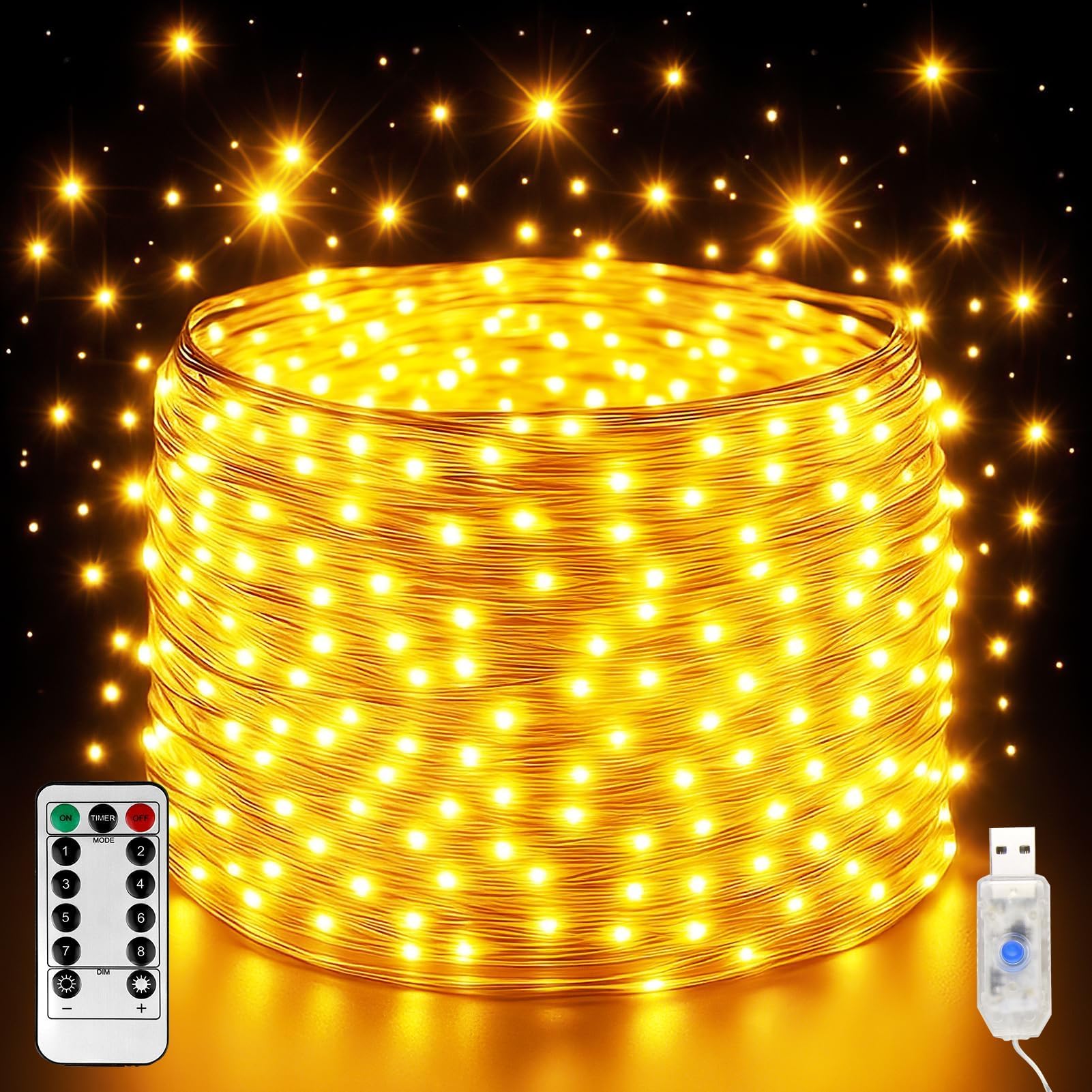20m 200 LED Christmas Fairy Lights, USB Plug-in Copper Wire String Lights with Remote Timer 8 Modes for Outdoor Indoor Christmas Tree, Bedroom, Party, Wedding Decoration Warm White [Energy Class A]