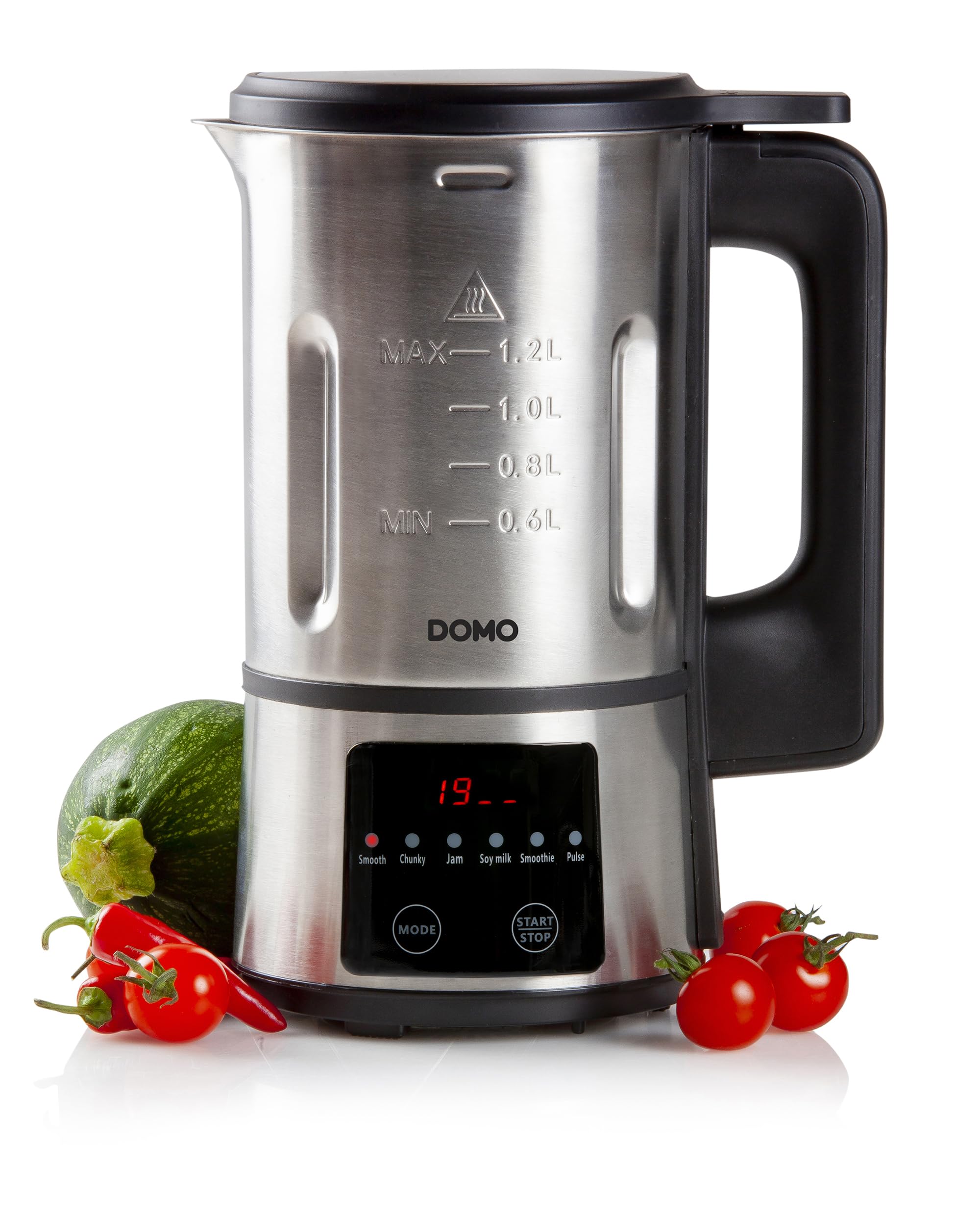 DOMO DO727BL - Blender Mixeur - 1.2L - Soupe Maker avec 6 Programmes - Smooth, chunky, Confiture, Smoothie, lait végétal, Nettoyage/Pulse - Argenté
