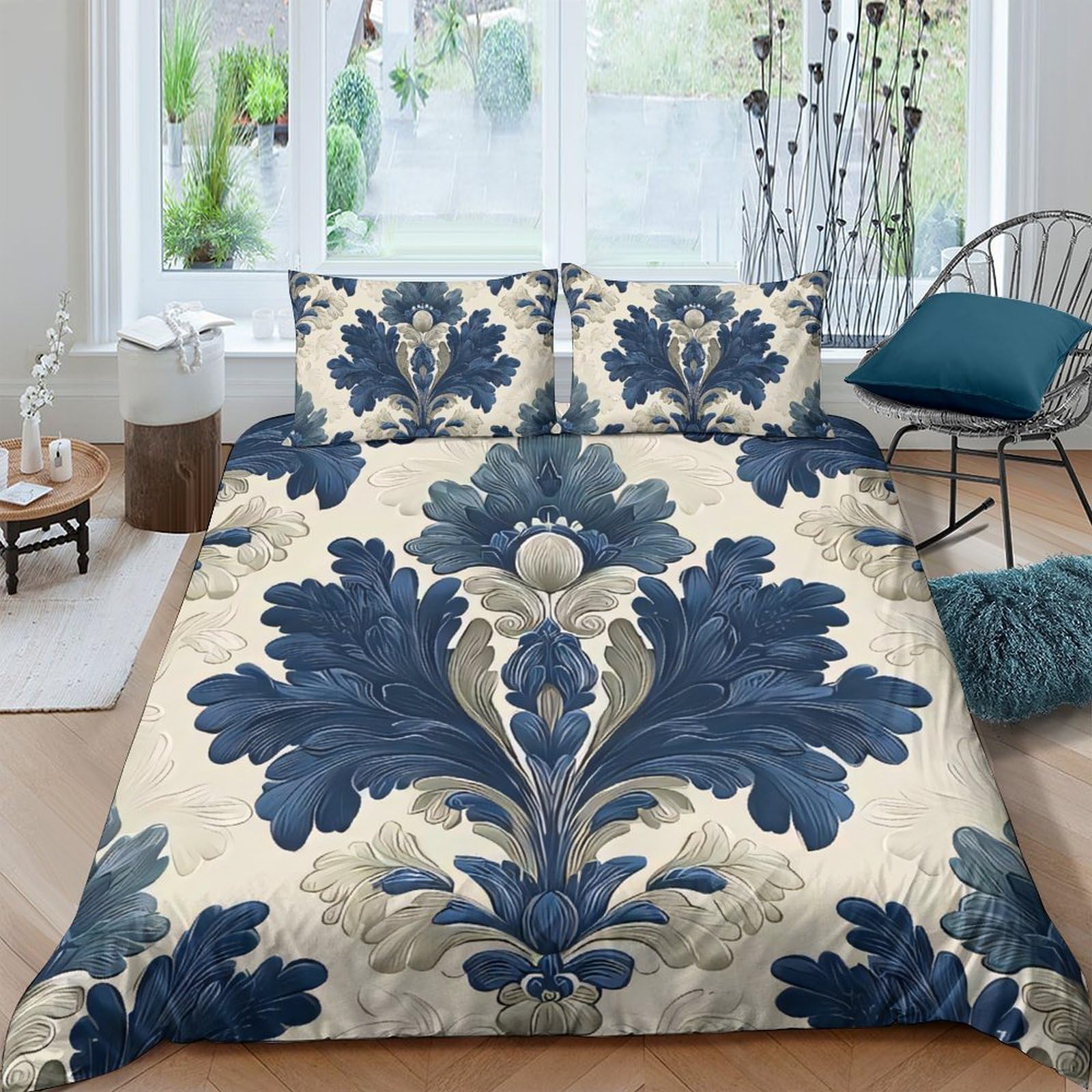 GPLZQXKJNH 3D Printed Baroque Floral Duvet Cover Microfiber Blue Beige Quilt Cover Set with 2 Pillowcases for Bedroom Home Decor Single（135x200cm）