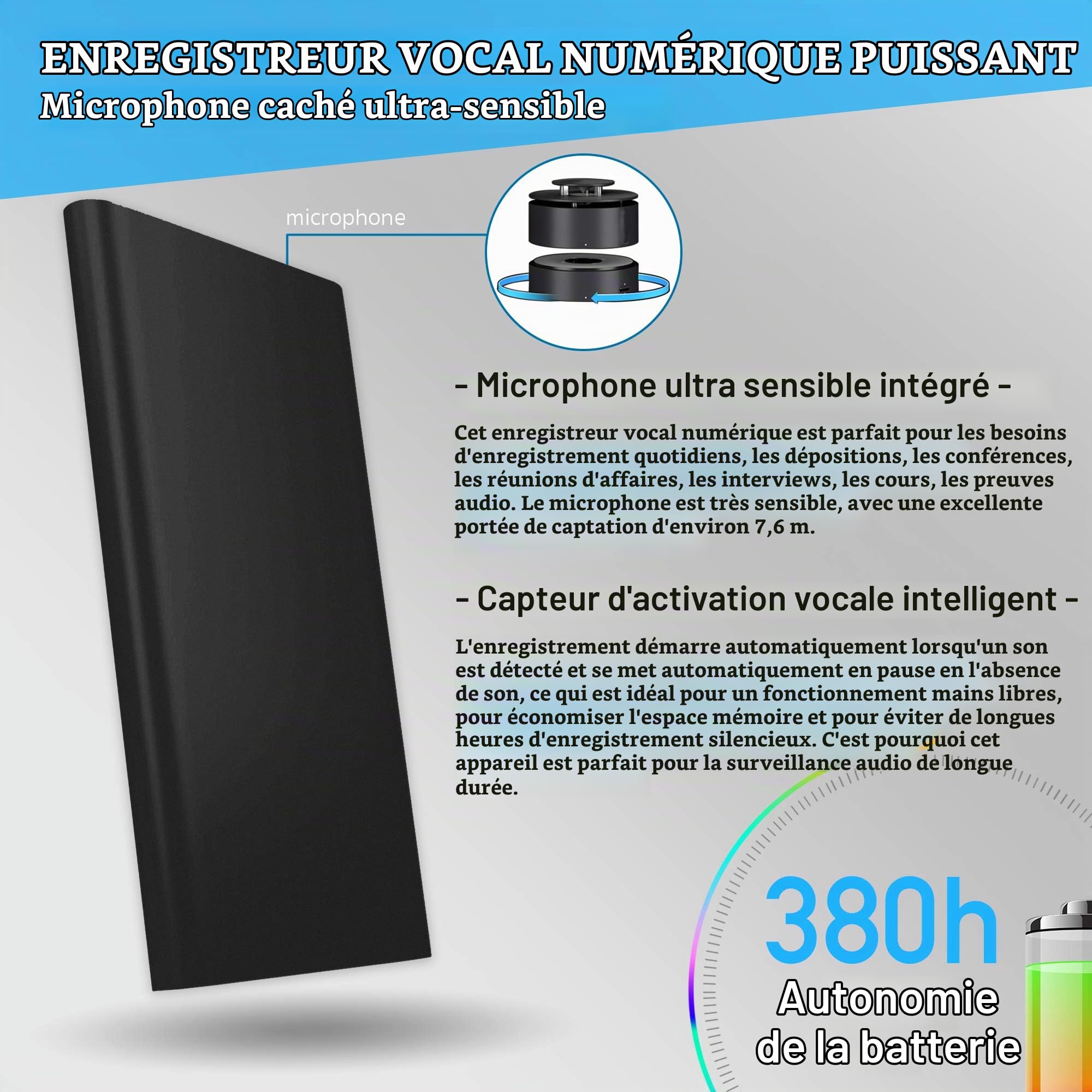 Enregistreur Vocal 14 Jours Autonomie et USB C | 5.000 mAh Enregistreur à Commande Vocale 380 Heures | Fichiers mp3 - PoweREC Atto Digital