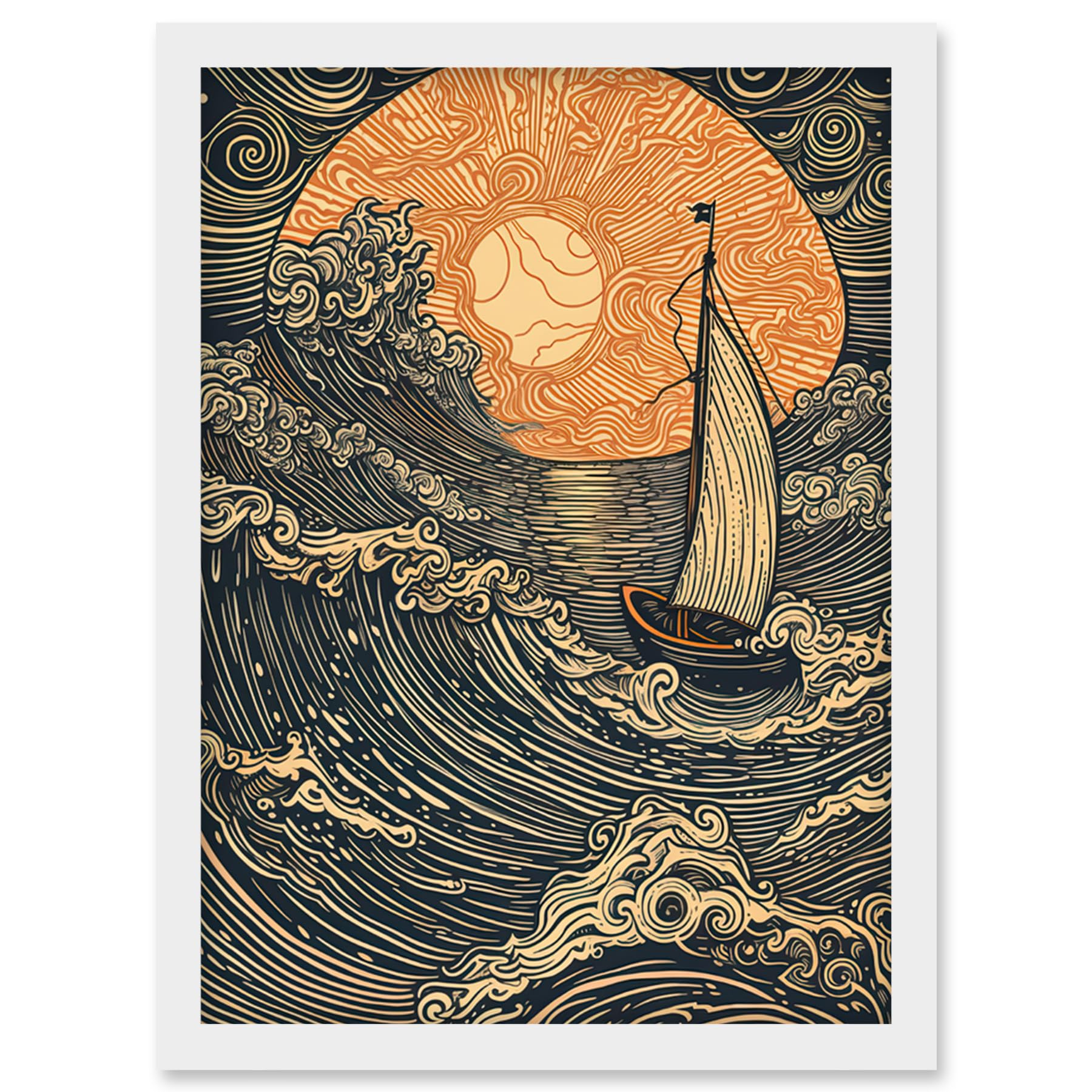 Artery8 Boat Sailing into the Sunset Linocut Illustration Artwork Framed Wall Art Print A4