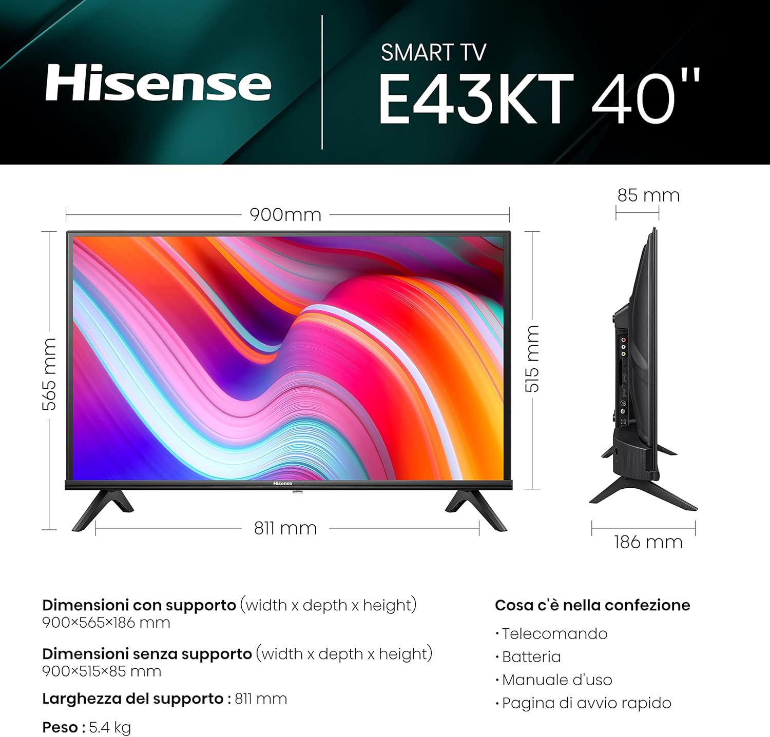 Hisense 40 HD 2024 40E43KT, Smart TV VIDAA U6, Game Mode, Controlli vocali Alexa, Tuner DVB-T2/S2 HEVC 10, lativù