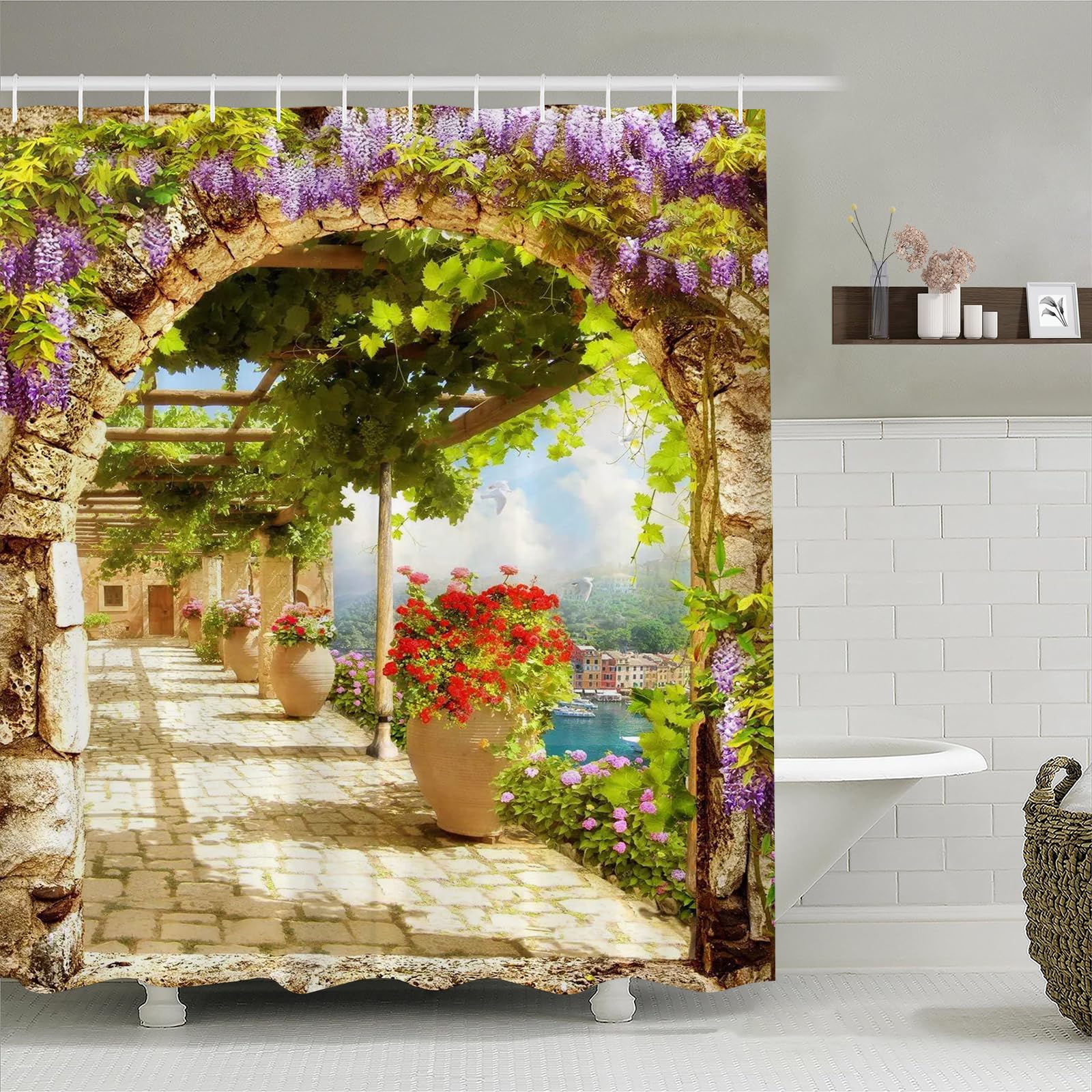Simpomsy Color-12 Garden Shower Curtain, Leaves Flowers Floral Anti Mould Waterproof Outdoor Curtains For Garden Mildew & Mould Resistant Polyester Fabric Bath Curtain With 12 Hooks 180X180cm