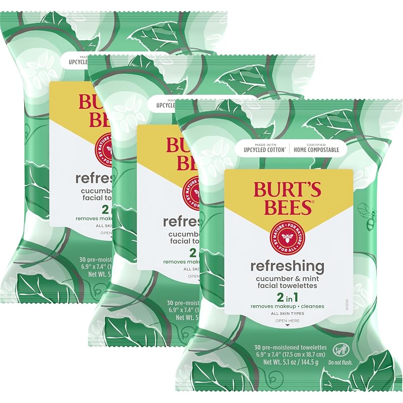 Lenços faciais Burt's Bees de pepino e menta, removedor de maquiagem e limpeza facial, 3 pacotes com 30 unidades