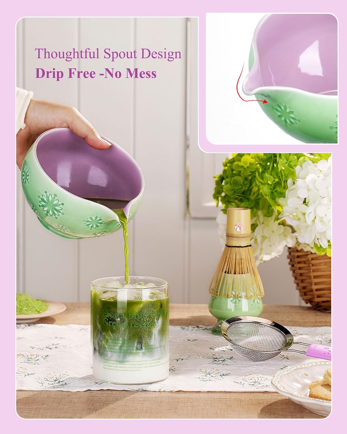 Matcha Whisk Set, 6pcs Matcha Kit Set Includes Matcha Bowl, Innovative Bamboo Whisk & Scoop with Cute Charm, Chasen Holder, 304 Sifter & Tea Mat for Japanese Tea Ceremony, Jade Green - Image 5