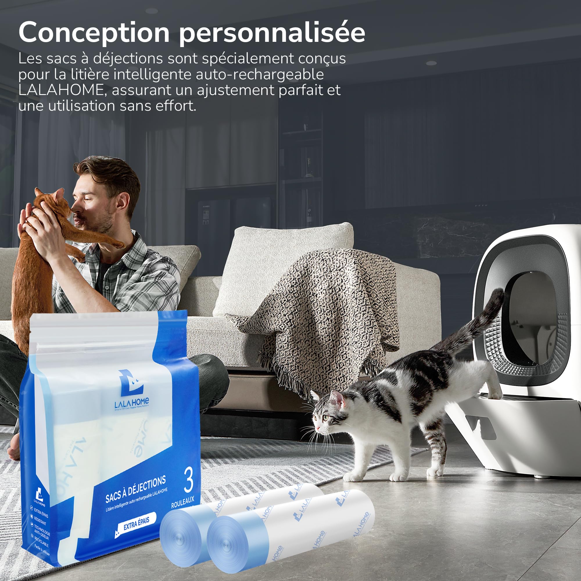Sac Poubelle de Doublure pour litière autonettoyante – Sac Poubelle de Recharge pour litière Automatique pour Chat, 36 Sacs à déchets compatibles avec Cordon de Serrage – LALAHOME
