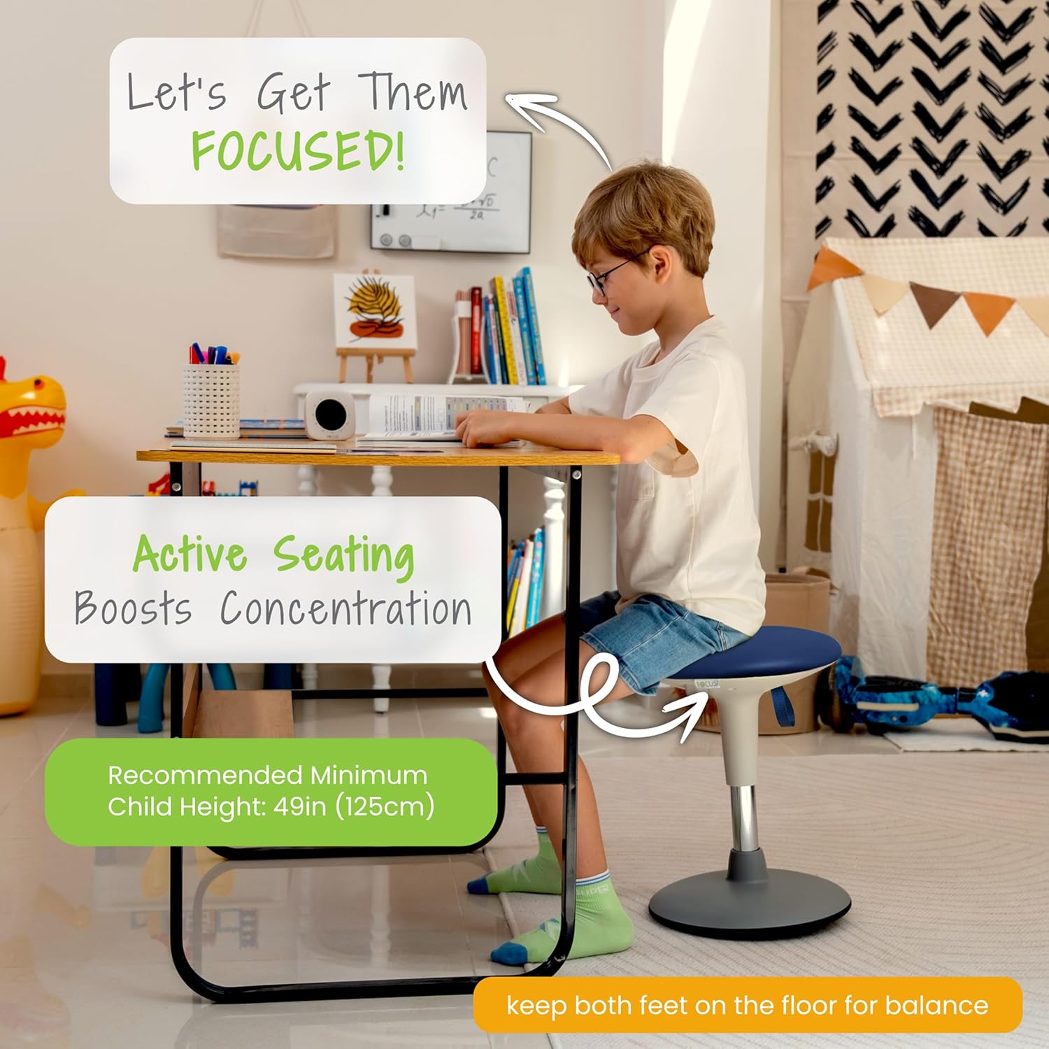 Wobble Stool for Kids Ages 7–12; Adjustable Height Wobble Stool; Classroom Seating with Soft, Easy-to-Clean NEW Fabric Cushion; Flexible Wiggle Chair for Focus & ADHD + Bonus Visual Timer (Ocean Blue)