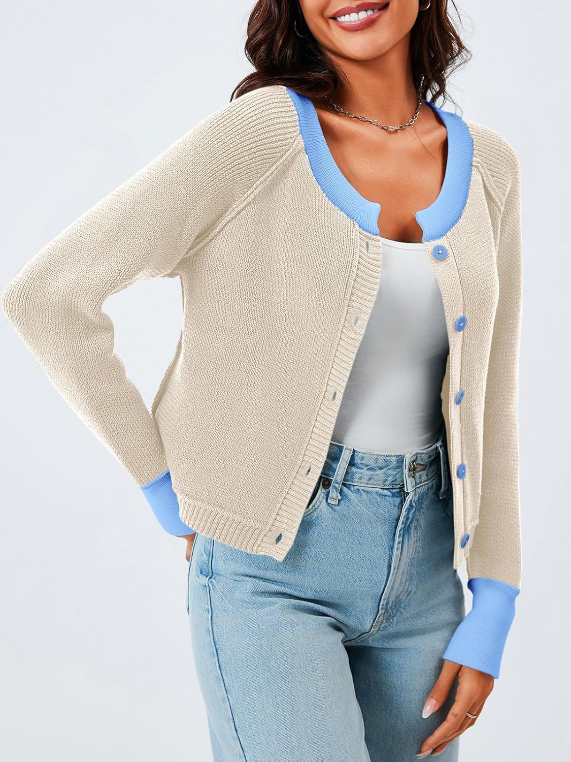 Saodimallsu Womens Cropped Cardigan Sweaters Button Down Open Front Long Sleeve Fall Trendy Color Block Knit Coats - Image 3