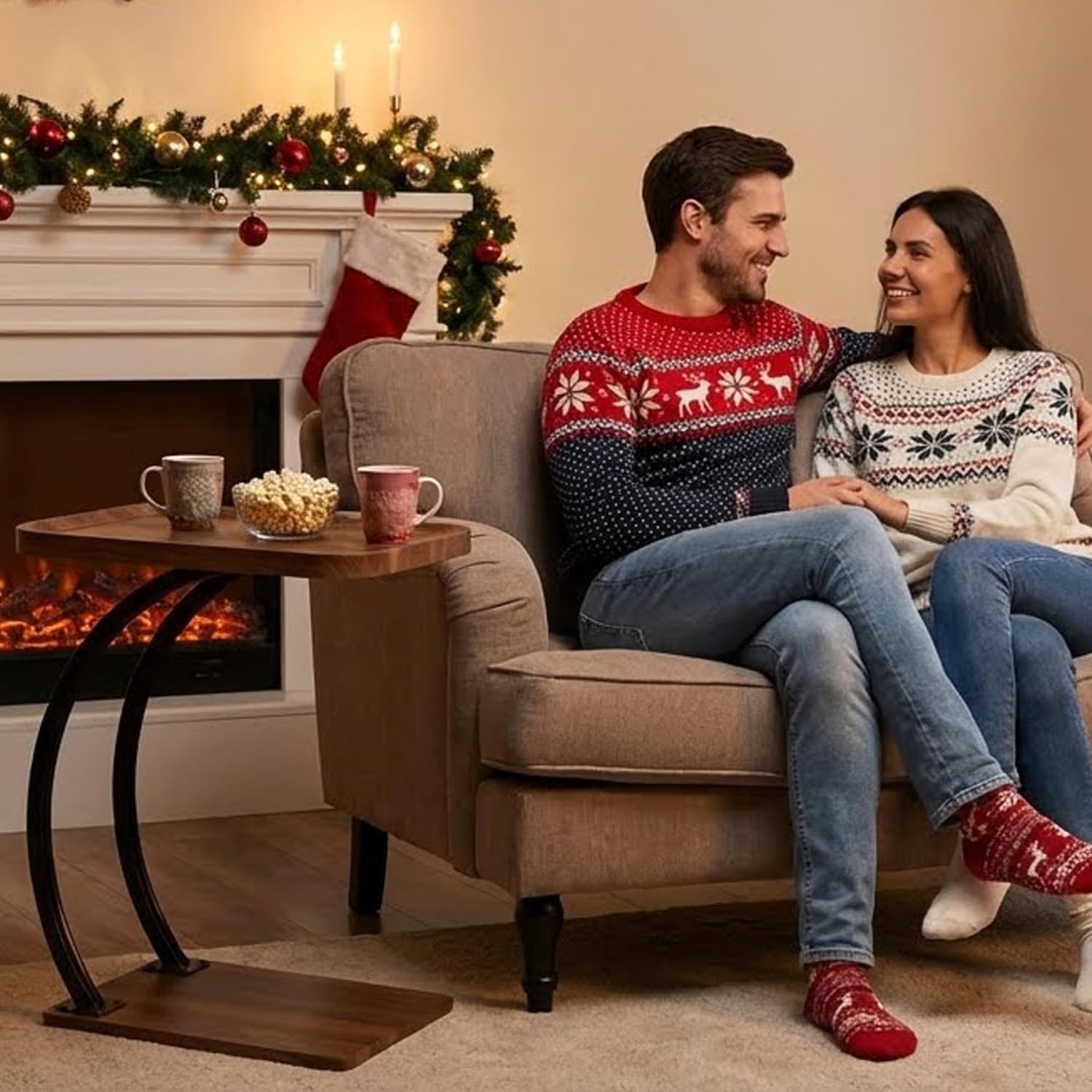 2 Tier Trays C Shaped End Table for Sofa, Heavy Duty with Double Dual Bent Metal Tubes Support,Dimension W20.5*D13.4*H25.5, Couch Table That Slides Under,Raised Edges Prevent Falling Off