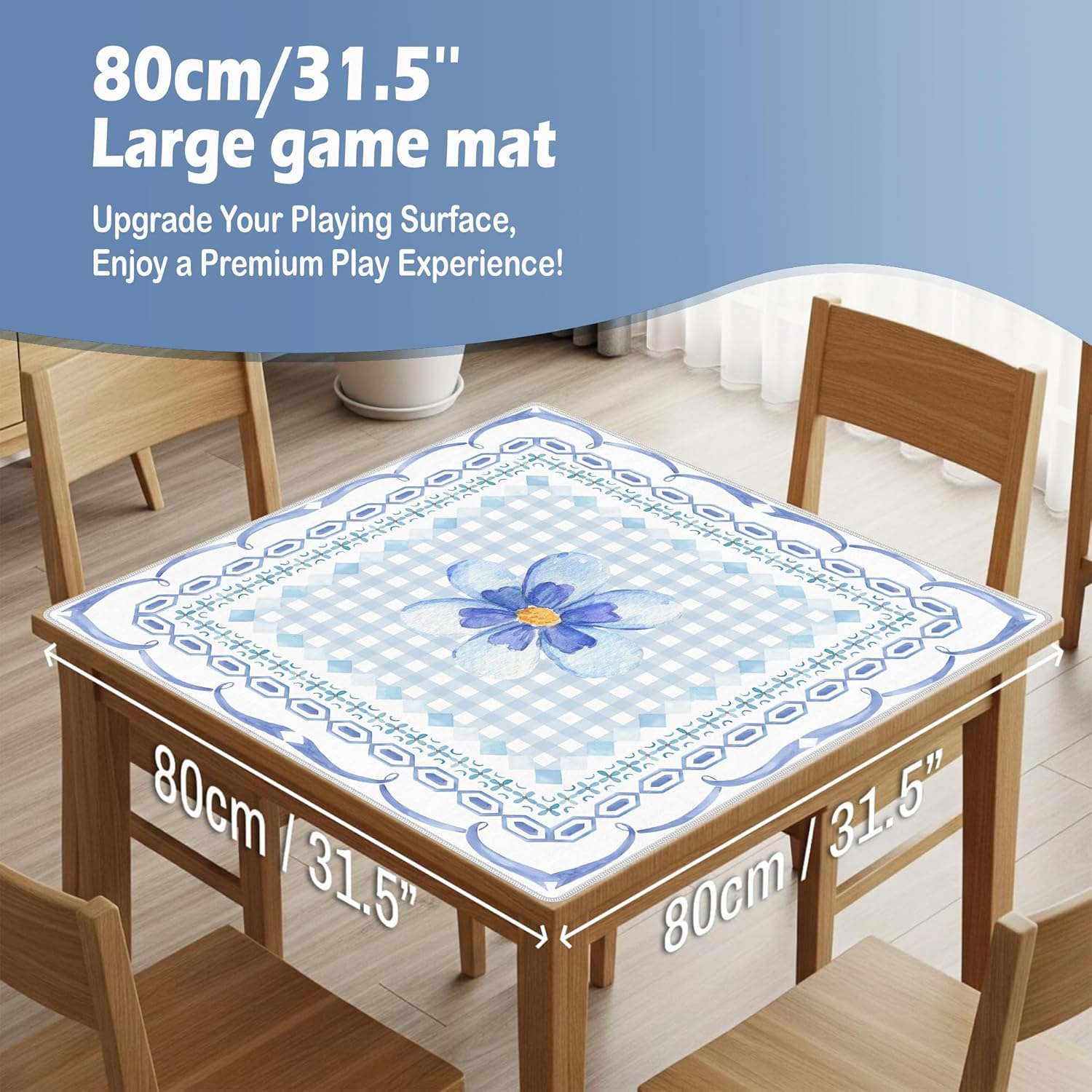 Blue Plaid Floral Mahjong Mat 31.5 x 31.5 Inch, Grandmillennial Flower Checkered Non-Slip Noise Reduction Mahjong Table Mat for American Mah Jong Poker Card Board Games Dominoes