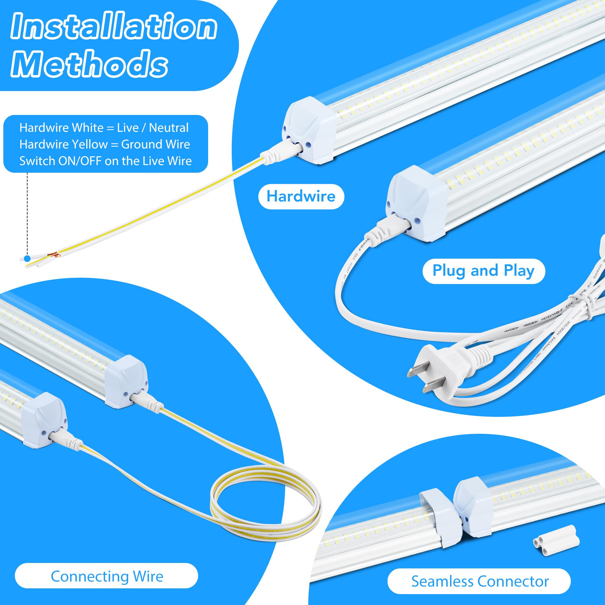 T8 LED Shop Lights 4 Pack Garage Light 4FT 60W 9600LM 6500K Work Lights Ceiling LED Linkable Lighting — view 3