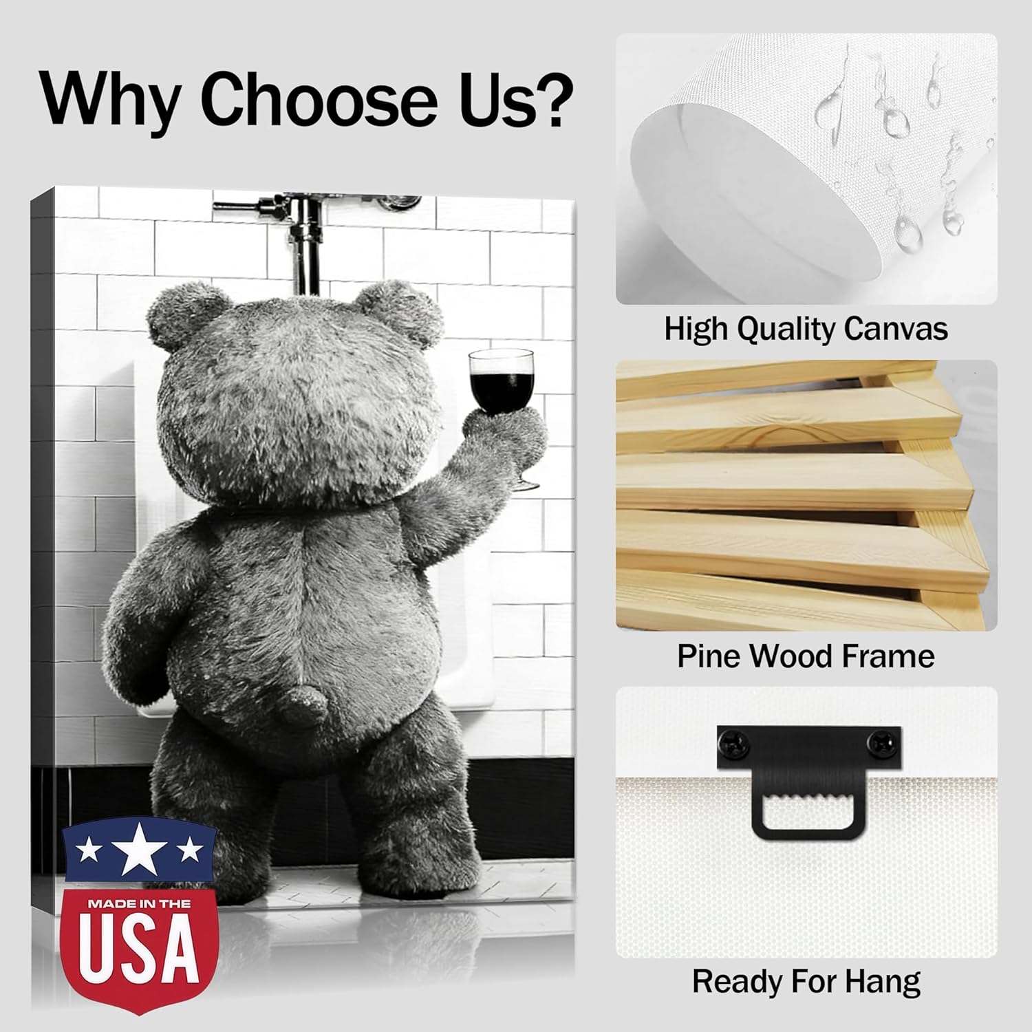 Funny Teddy Bear Canvas Wall Art - Humorous Gift for Men, Women, and Movie Fans - Waterproof Easy Clean Long Lasting HD Print - Black & White Wall Art for Bathroom, Restroom, Bar - 12x16 Framed