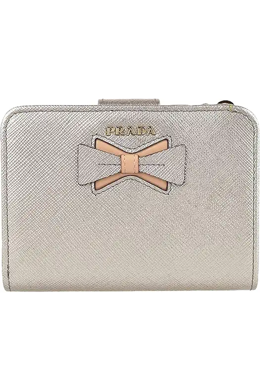 Prada Ribbon Saffiano Metallic Silver and Beige Leather...
