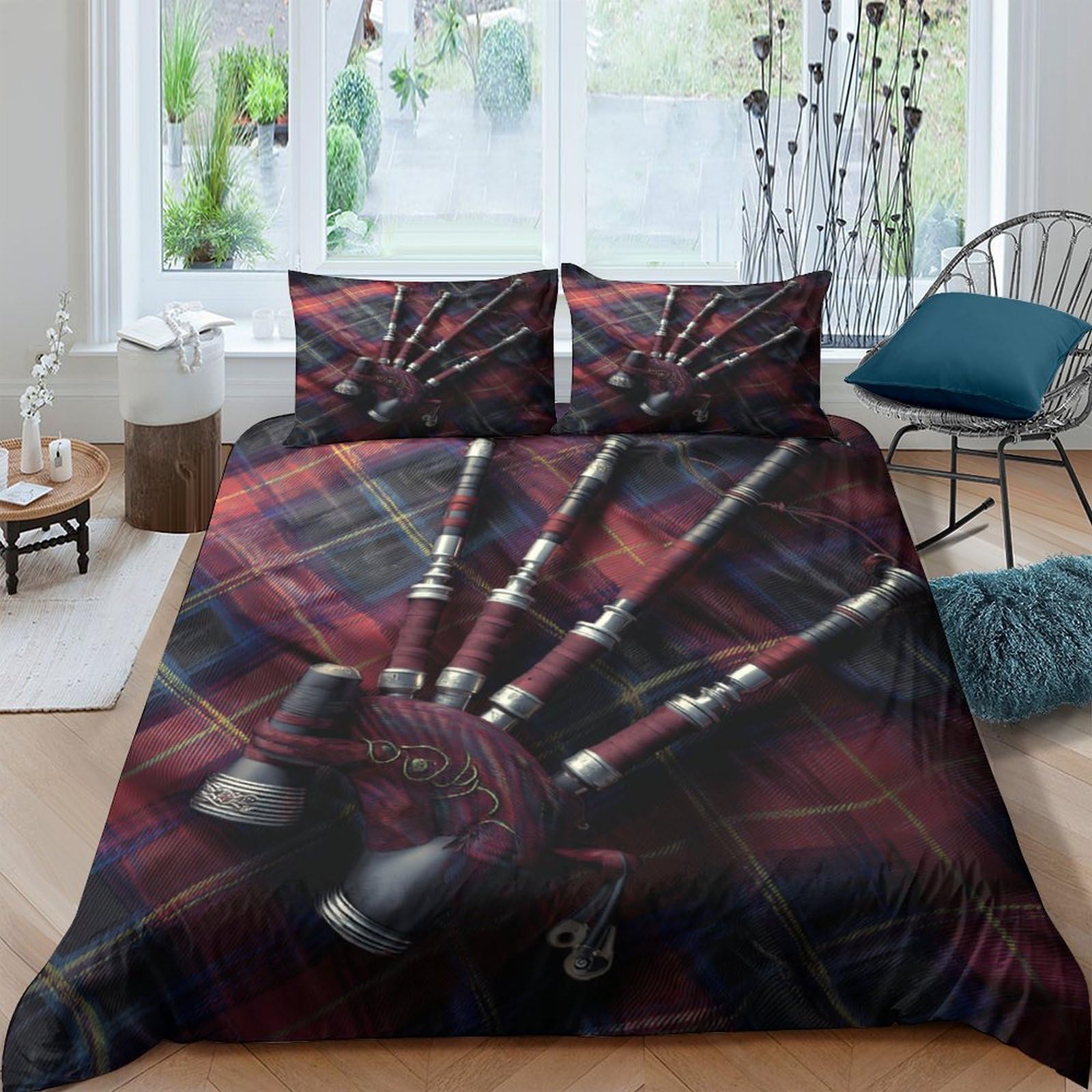 cornemuses écossaises Impression 3D 3 pièces Housse de lit Instrument Celtique Traditionnel Housse de Couette Microfibre Doux Respirant pour garçons Adolescents Femmes Double（200x200cm）