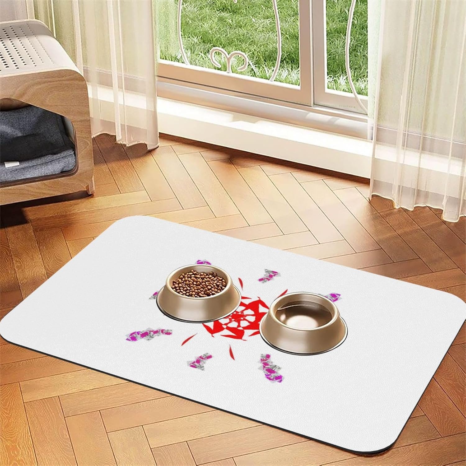 40x60cm Pet Absorbent Feeding Mat - Spinning Flowers Print Leather Non-Slip Placemat, for Dog Cat Food and Water Bowl Pads