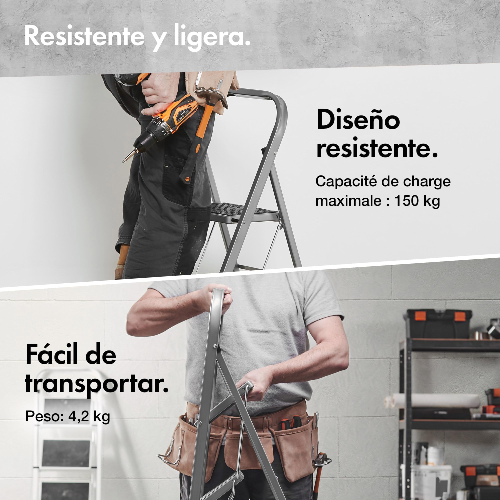 VonHaus Escalera Plegable de 3 Peldaños – Escalera de Tijera Antideslizante y Fácil de Guardar - Soporta hasta 150 Kg - Escalera Articulada Premium para Bricolaje y Jardinería – Acero Duradero