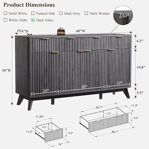 Miniatura 2 de T4TREAM - Gabinete grande de aparador con almacenamiento, mesa de buffet moderna estriada de 60" para barra de café, barra de vino, gabinete