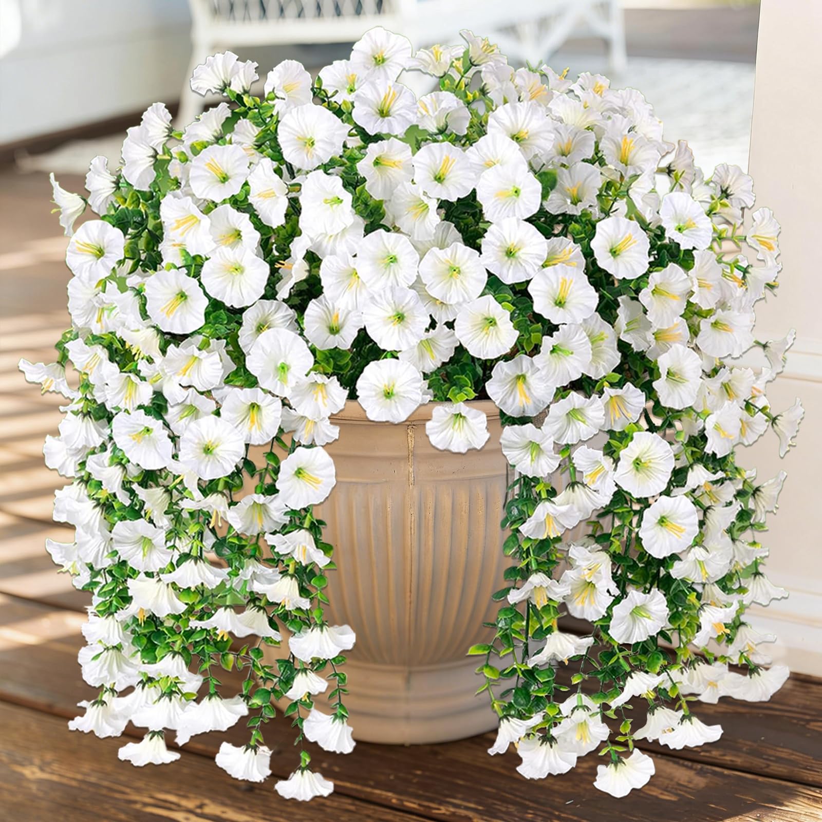 4PCS Artificial Hanging Flowers Outdoor White Fake Flowers Artificial Hanging Plants Faux Petunias UV Resistant Fake Trailing Plants Vines for Inddor Home Patio Garden Porch Spring Decorations