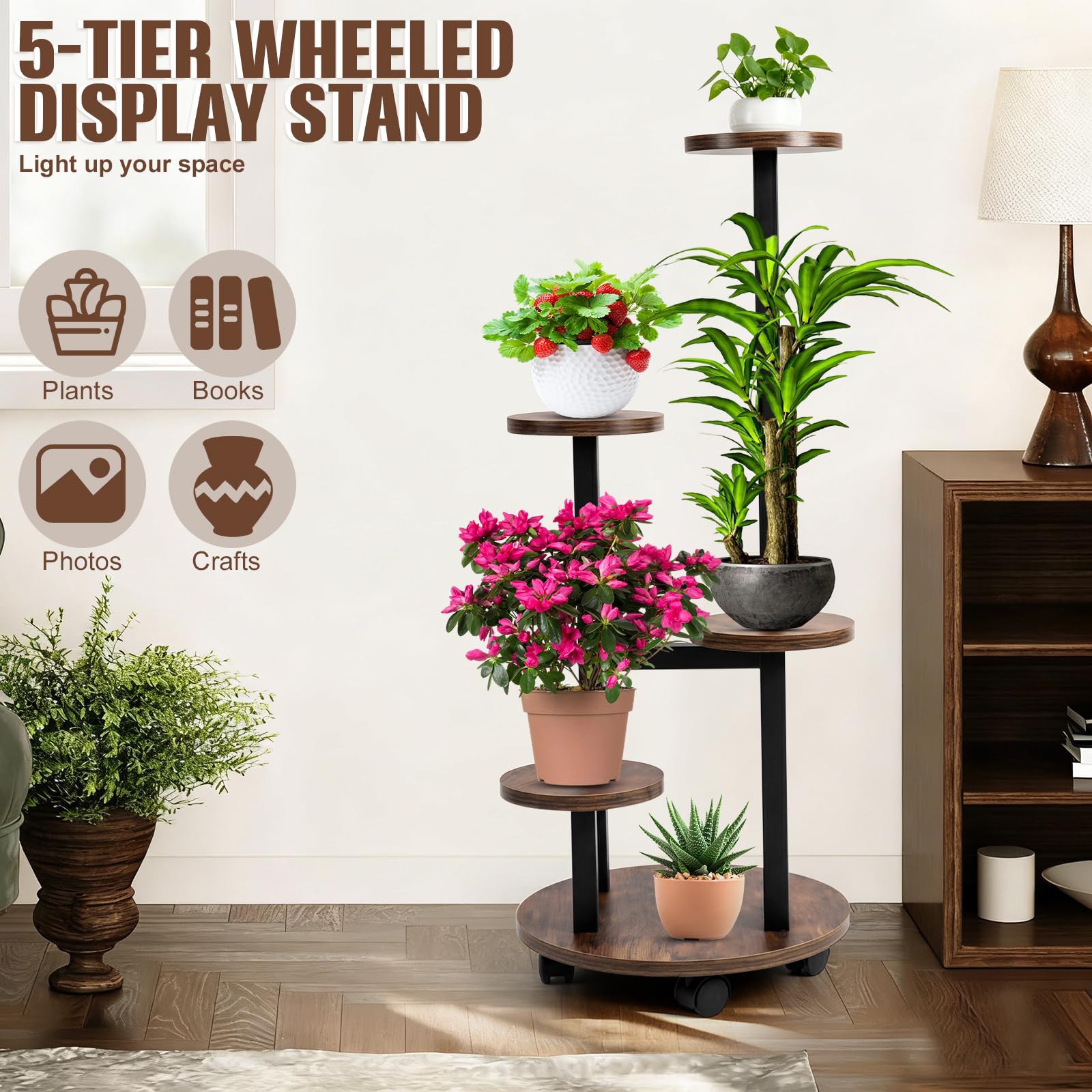 Porte-Plantes Rond sur Roulettes, 5 Étagères, 85 cm de Hauteur, Support en Métal et Bois, Stabilité et Gain de Place pour Salon, Balcon