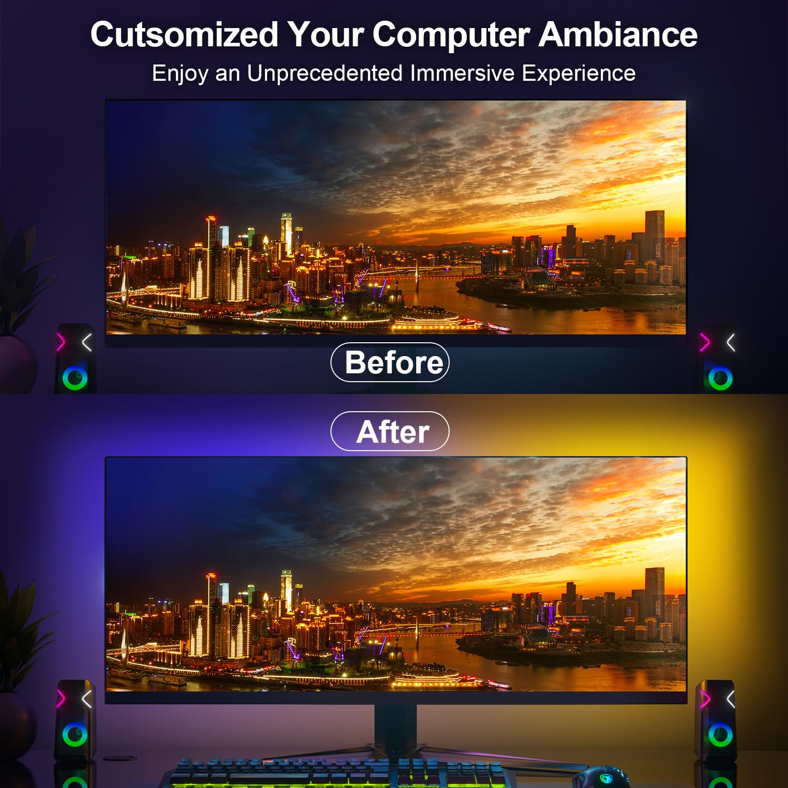 Luz de retroiluminación para juegos, software mejorado a juego de color de 6.5 pies, tira de luces LED sincronizada con visualización de 19-34 pulgadas para PC ganador, iluminación