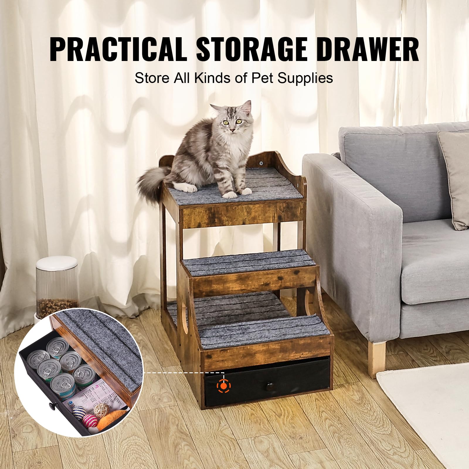 VEVOR Lit Superposé pour Animaux de Compagnie Chien Chat avec Escaliers Amovibles et Tiroir de Rangement, Marron