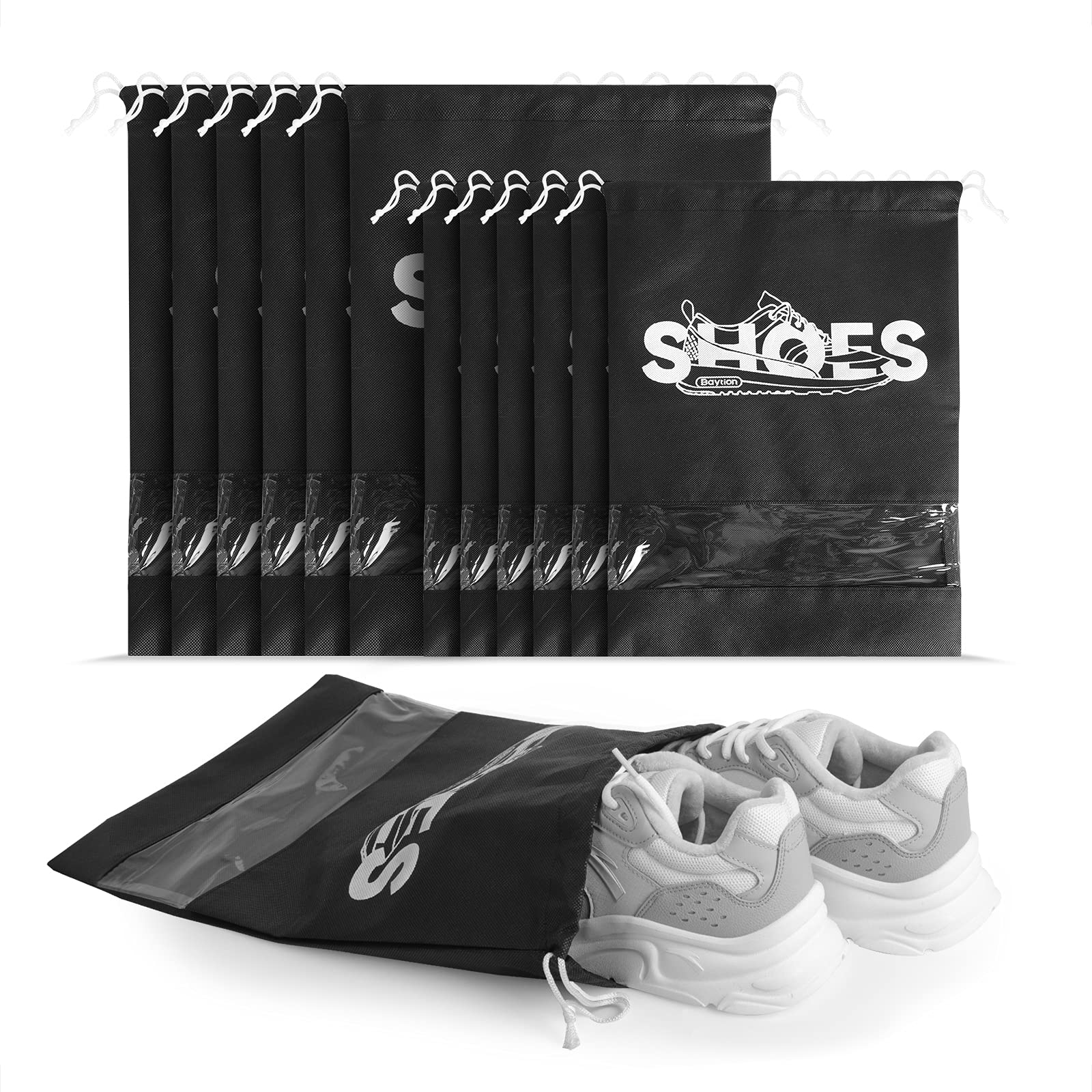 12PCS Travel Shoe Bags, Baytion 2 Sizes Shoes Storage Bags for Men & Women, Portable and Waterproof Shoe Organizer with Drawstring for Gym, Dustproof Non-Woven Pouch with Transparent Slot (Black)