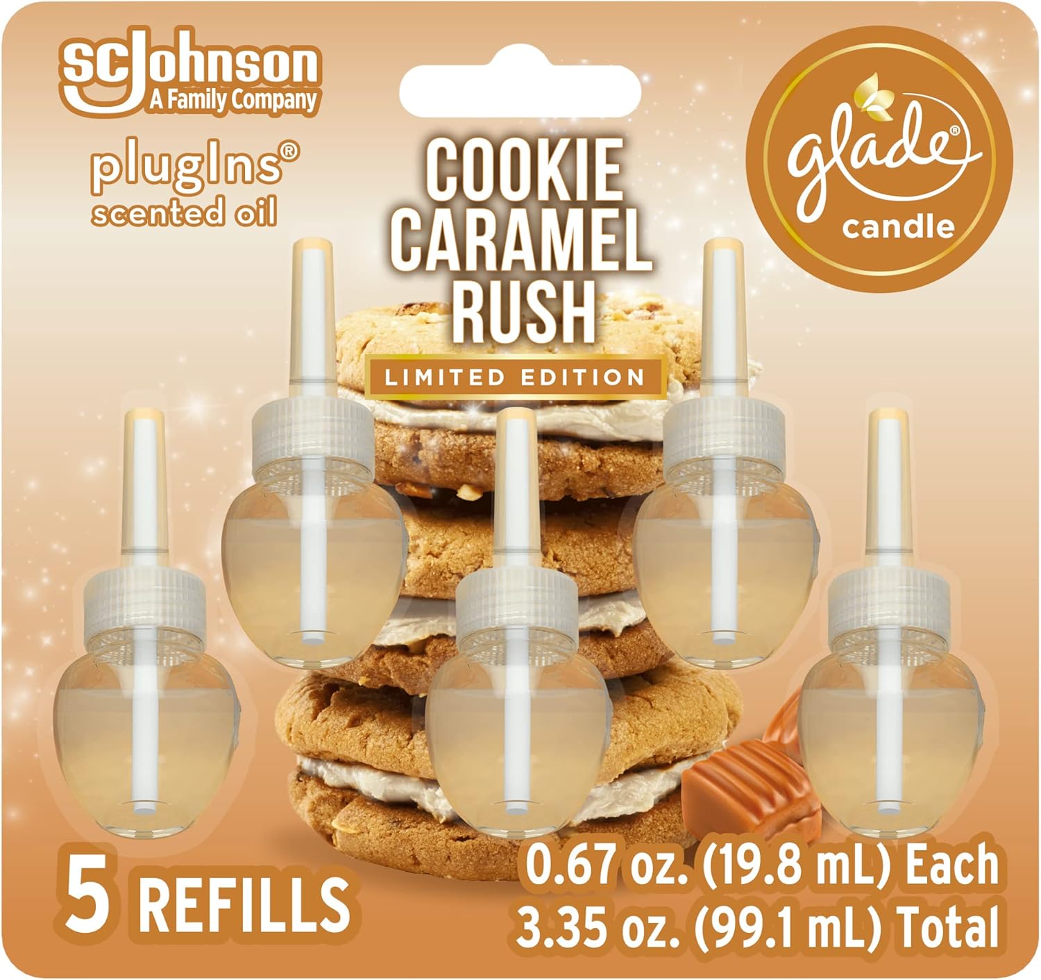 Glade PlugIns Refills Air Freshener, Scented and Essential Oils for Home and Bathroom, Cookie Caramel Rush, 3.35 Fl Oz, 5 Count