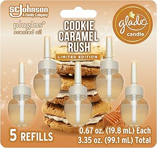 Glade PlugIns Refills Air Freshener, Scented and Essential Oils for Home and Bathroom, Cookie Caramel Rush, 3.35 Fl Oz, 5 Count