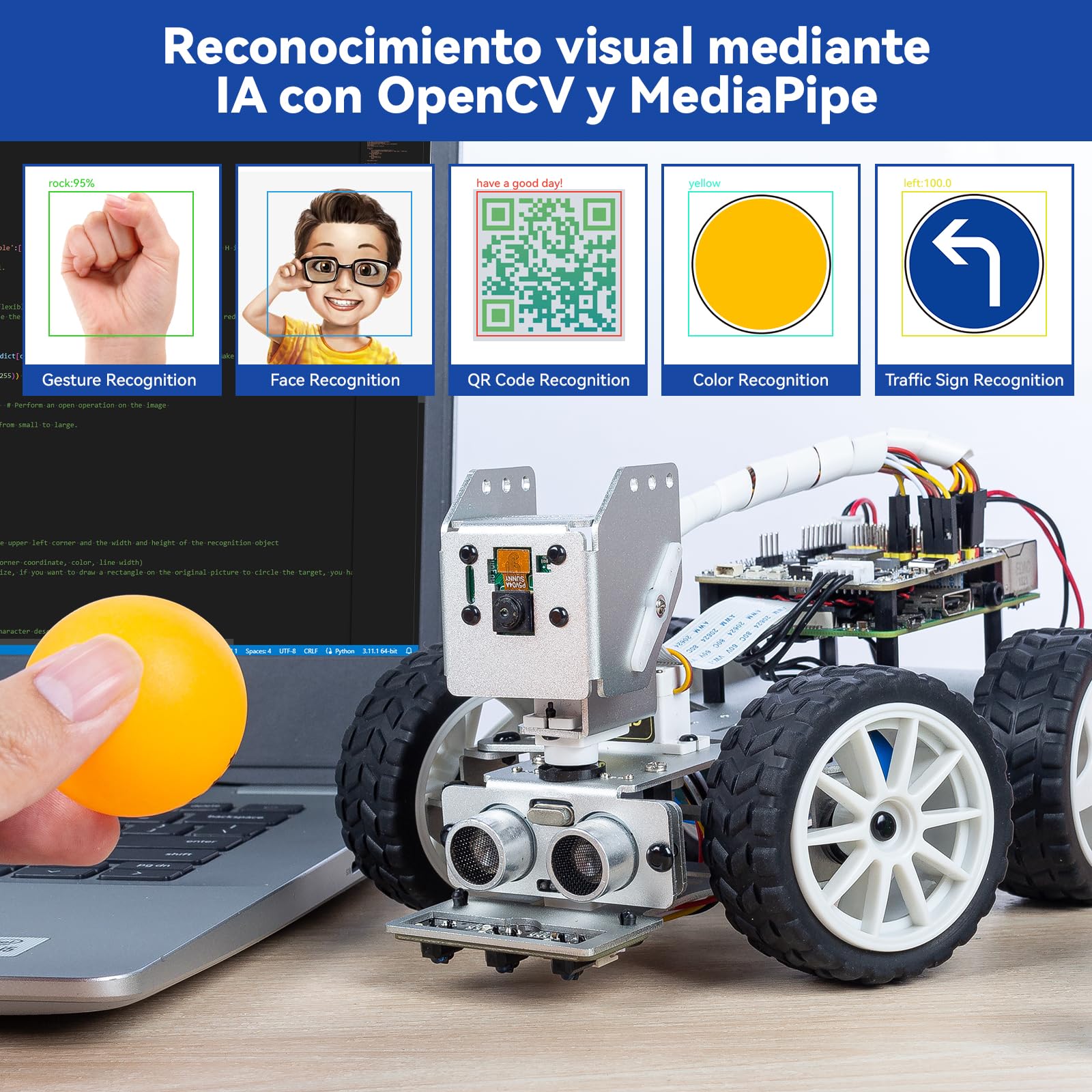SunFounder Picar-X Kit de Coche Robot con IA para Raspberry Pi 5/4/3B+/Zero 2W, Openclaw LLM ChatGPT/Gemini/Grok, reconocimiento de Voz y vídeo, Python, Scratch, cámara (Raspberry Pi no Incluido)