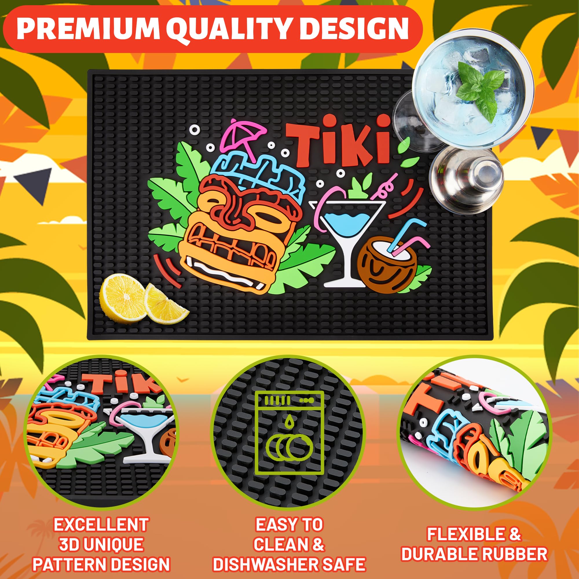 Tapete de barra Tiki de alta calidad, tapete de goma de 12 x 18 pulgadas de grosor, entretenido y vibrante, tapete de servicio de bar para café, cocina, restaurantes (Tiki)