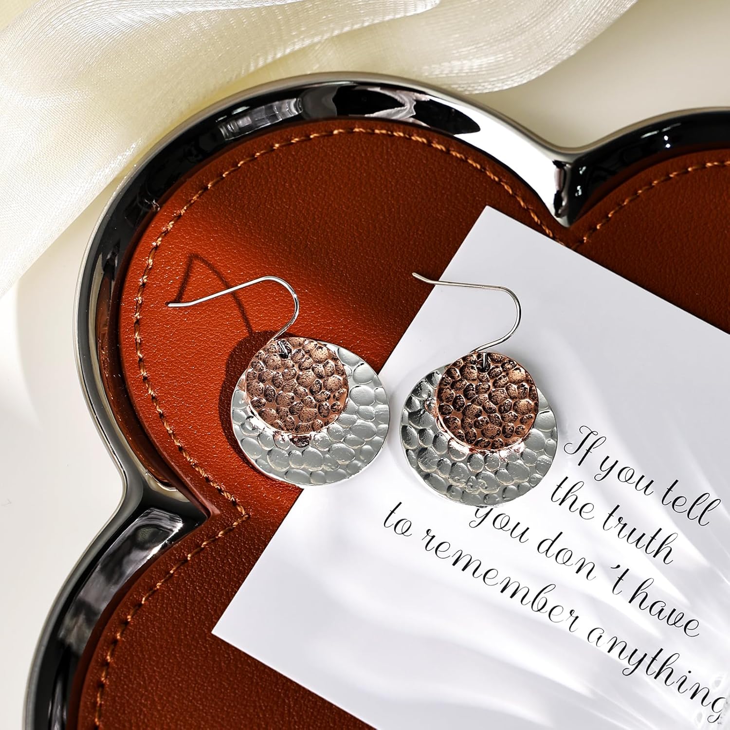 Two Tone Hammered Circle Dangle Earrings - Gold and Silver Statement Earrings for Women - Image 6