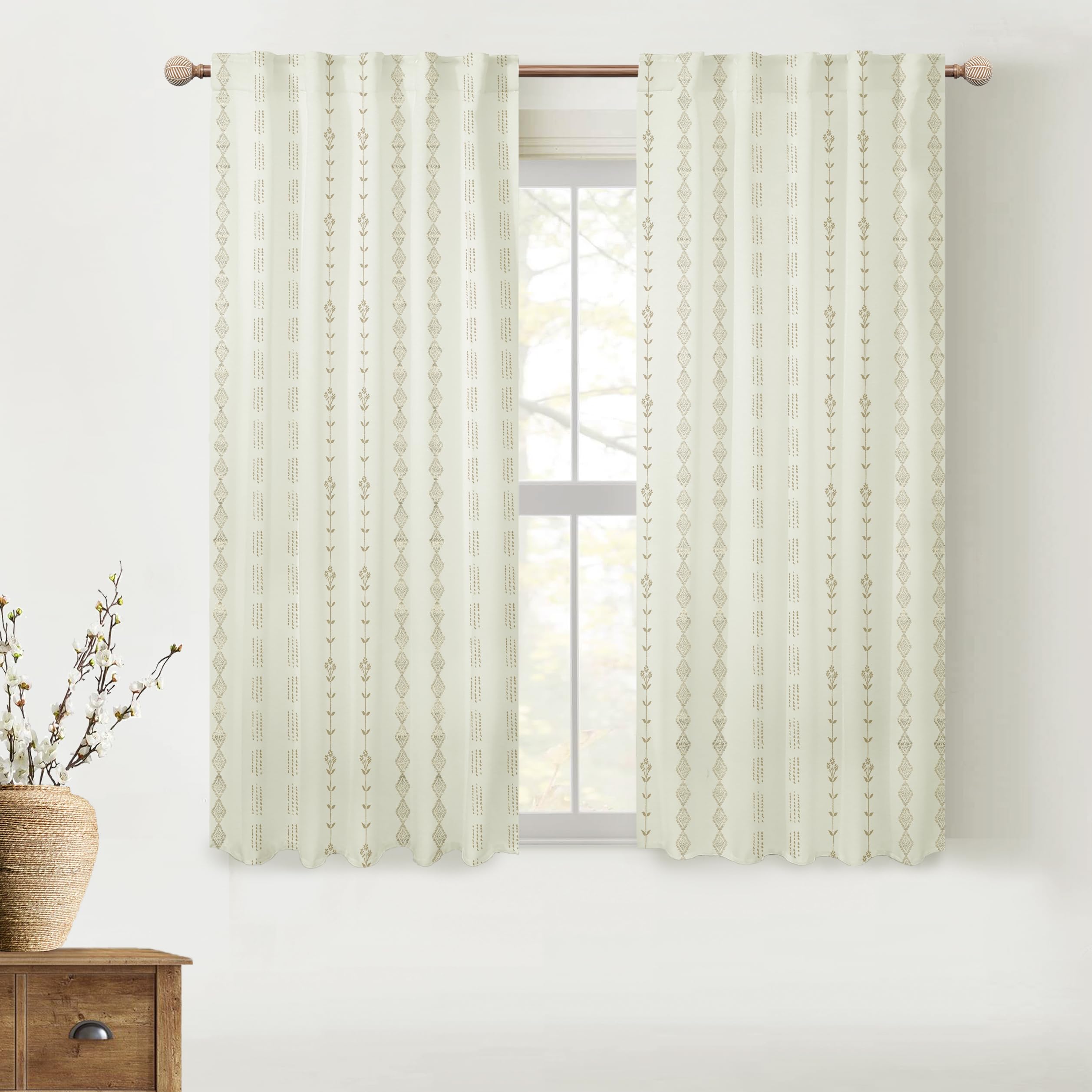 Lino Rosa Kitchen Curtains 45 Inch Length for Farmhouse Window Over Sink,Winter Thermal Insulating Thick Blackout Vintage Boho Floral Pattern Pleated