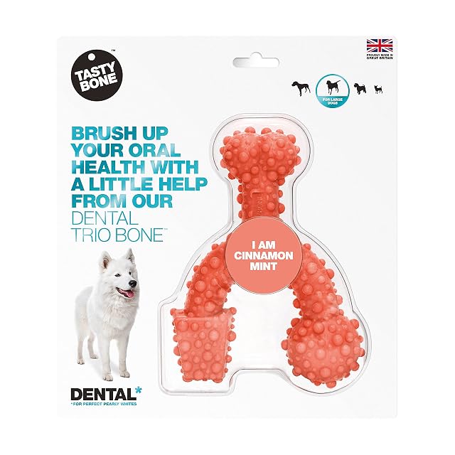 TastyBone TrioBone - Juguete dental de nailon para perros grandes (menta de frambuesa), dientes y encías…