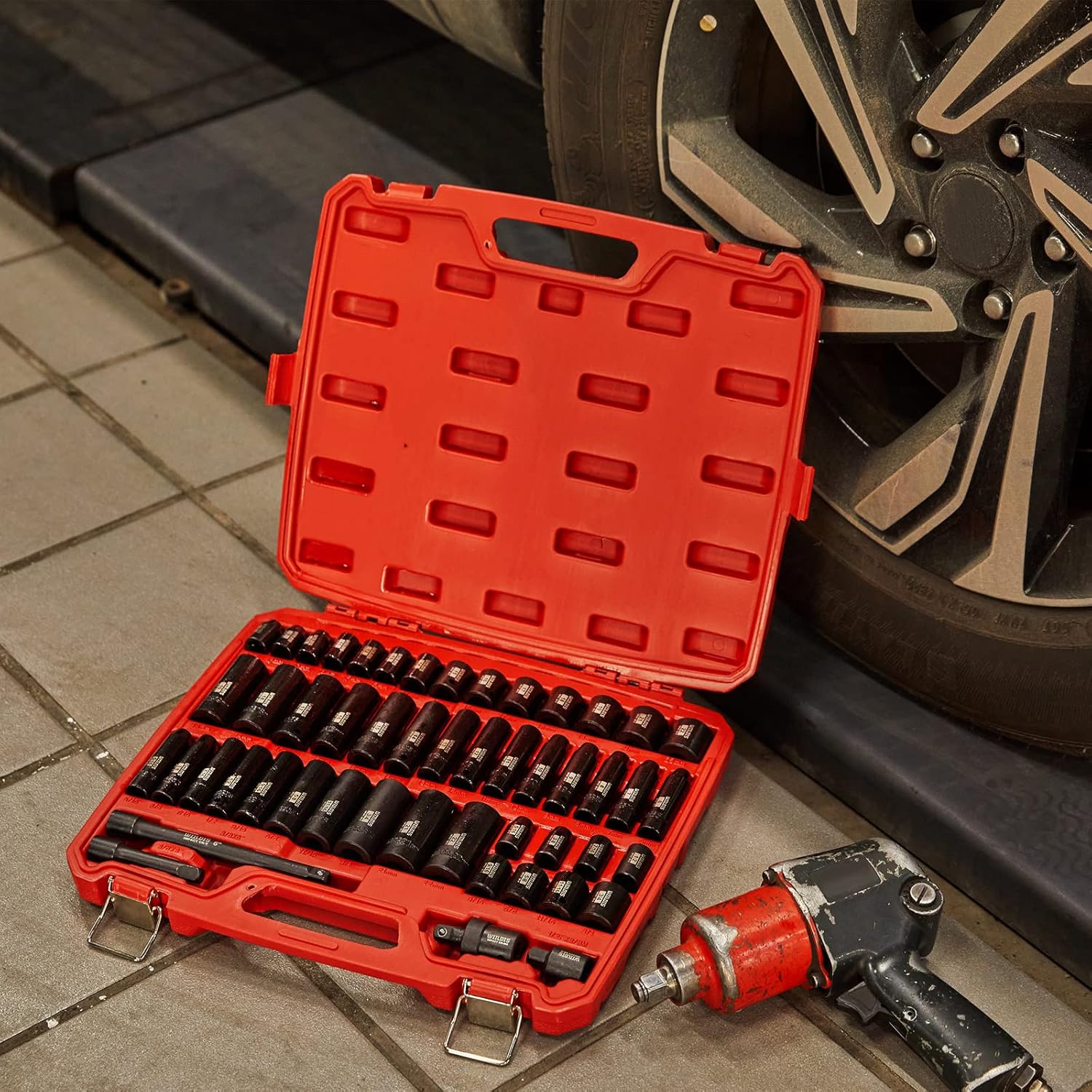 WIILDIS 3/8" Drive Impact Socket Set, 50 Piece Socket Set SAE 5/16" to 3/4" and Metric 6 to 22mm, Includes Extension Bars, Universal Joint and Adapter, 6 Point, Cr-V Steel, Double Lock Storage Case