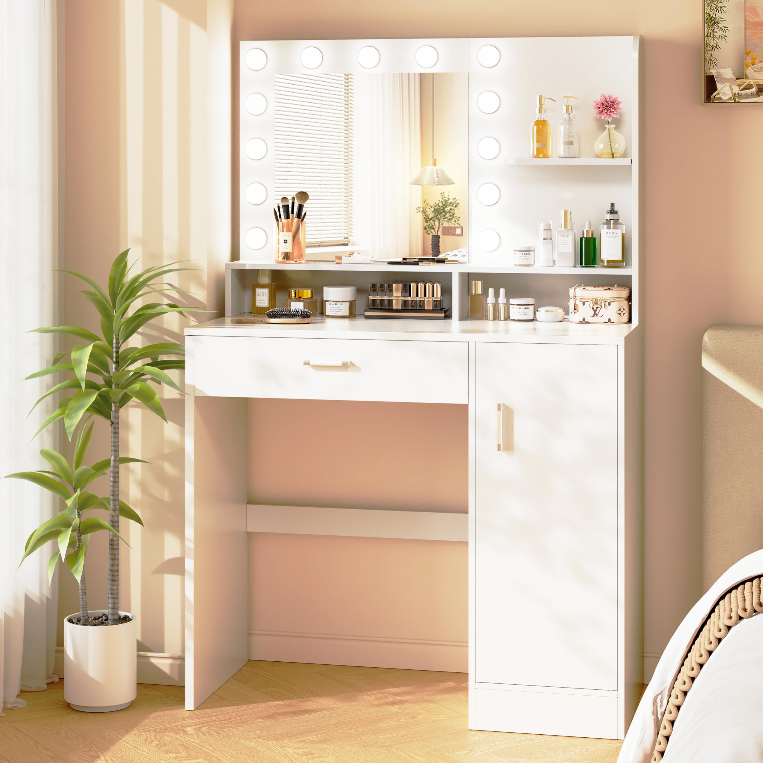 Vanity with Mirror and Light, Vanity with Drawers and Shelves, Cabinet, 3 Lighting Modes and 10 Brightness Levels, Bedroom Dresser, White
