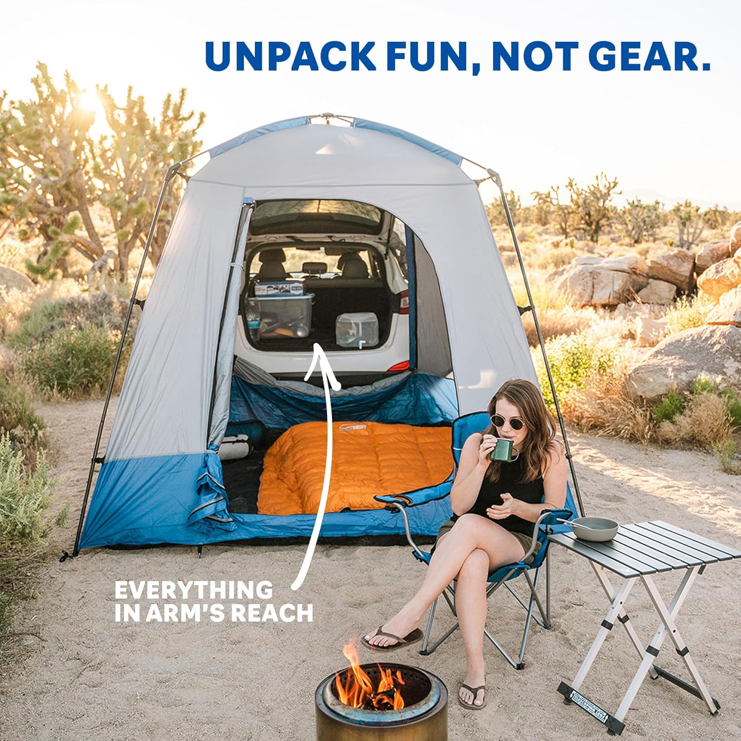 Napier Sportz SUV Tent | 9'x9' Car Camping Tent with Full Rainlfy and Awning | Fits All CUVs, SUVs, Minivans | Sleeps 5 Adults | Blue/Gray | Model 82000
