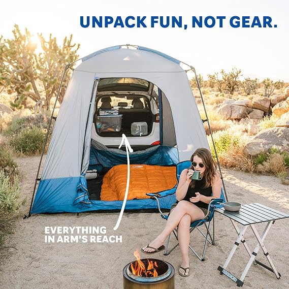 Napier Sportz SUV Tent | 9'x9' Car Camping Tent with Full Rainlfy and Awning | Fits All CUVs, SUVs, Minivans | Sleeps 5 Adults | Blue/Gray | Model 82000