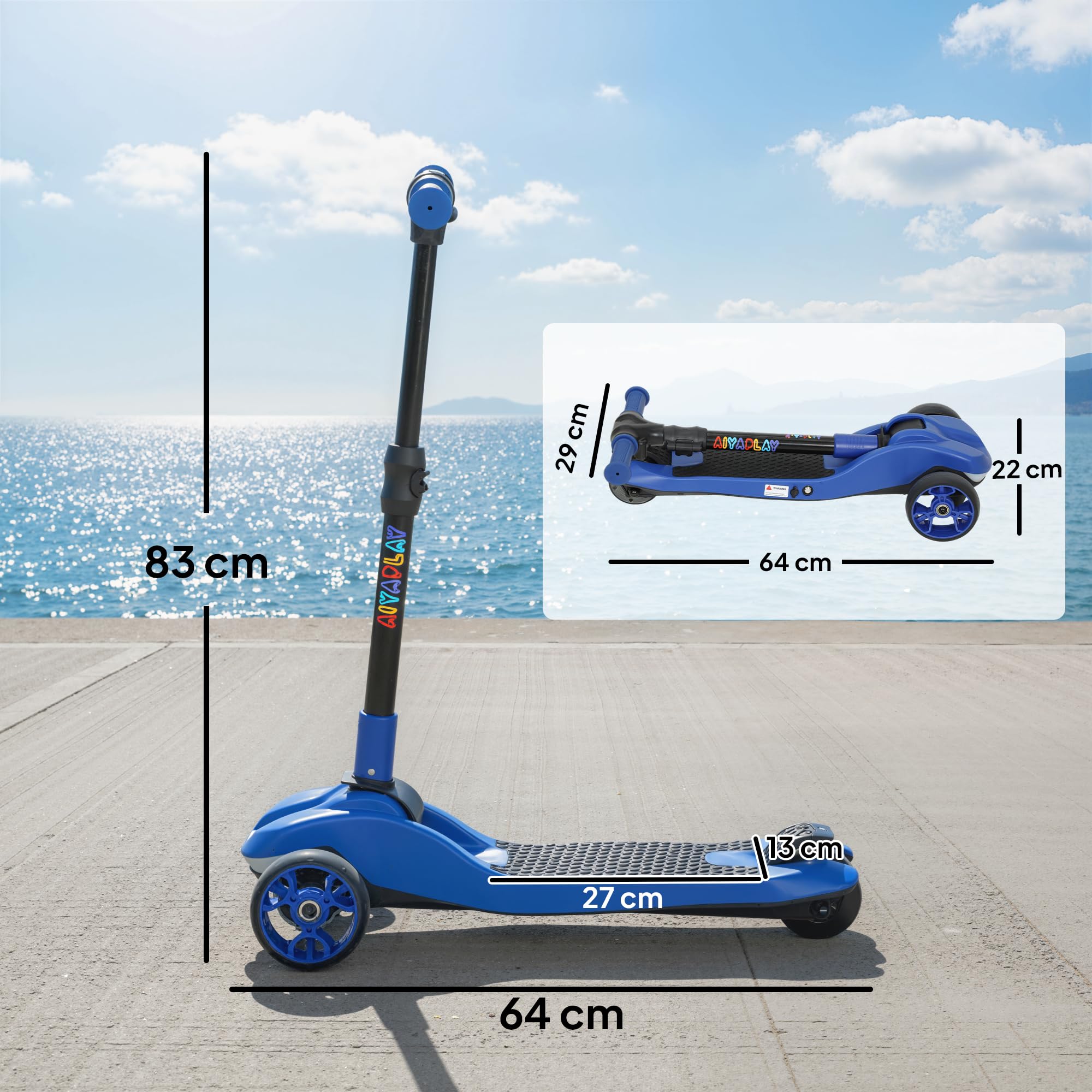 AIYAPLAY Patinete eléctrico para niños Plegable, Patinete eléctrico 6+ Años, 3 Ruedas, arranque cero, velocidad máxima 8 km/h, luces LED coloridas, autonomía 8 km, freno de pie, azul