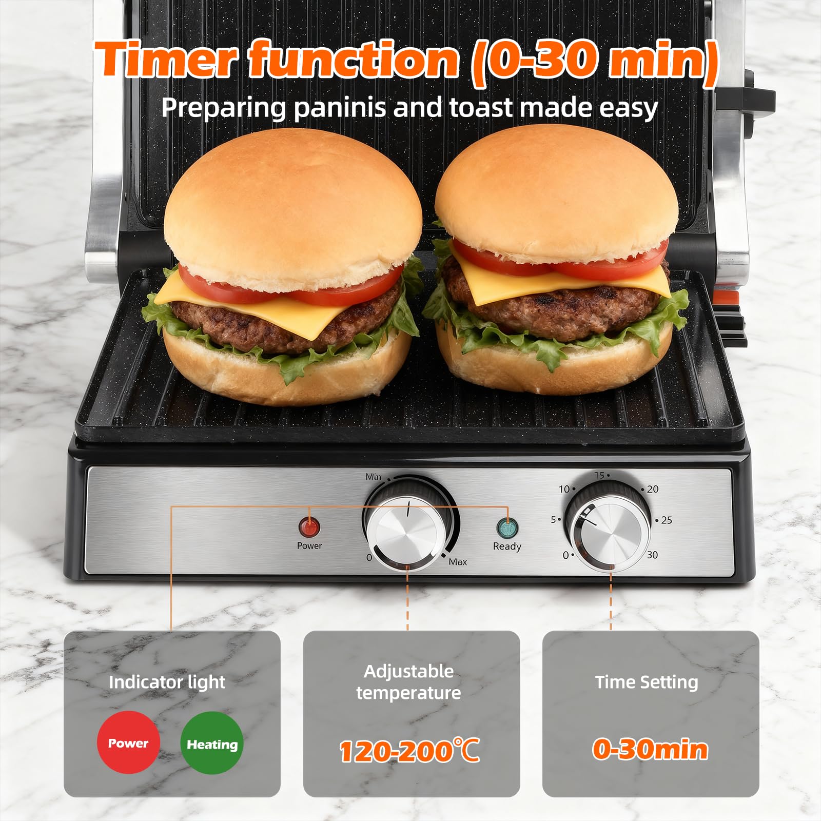 KEINVE Kontaktgrill Keramikbeschichteter 2000 Watt Timer Sandwichmaker Panini Grill
