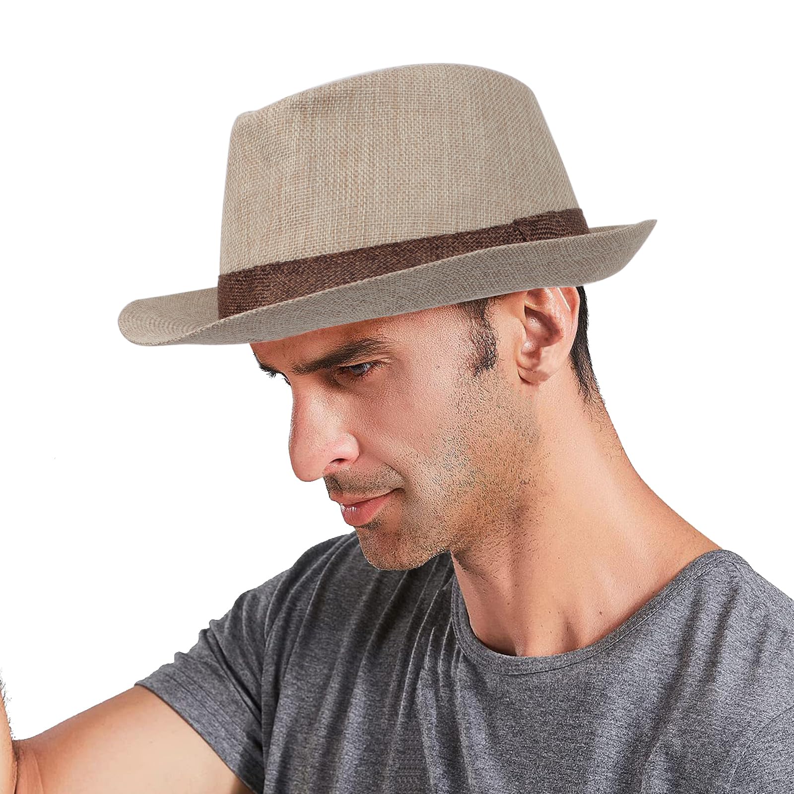 Men’s Sun Straw Hat Panama Hat Summer UV Protection Breathable Sun Cap for Outdoors Fishing Beach Travel Street Wear (US, Alpha, One Size, Beige)