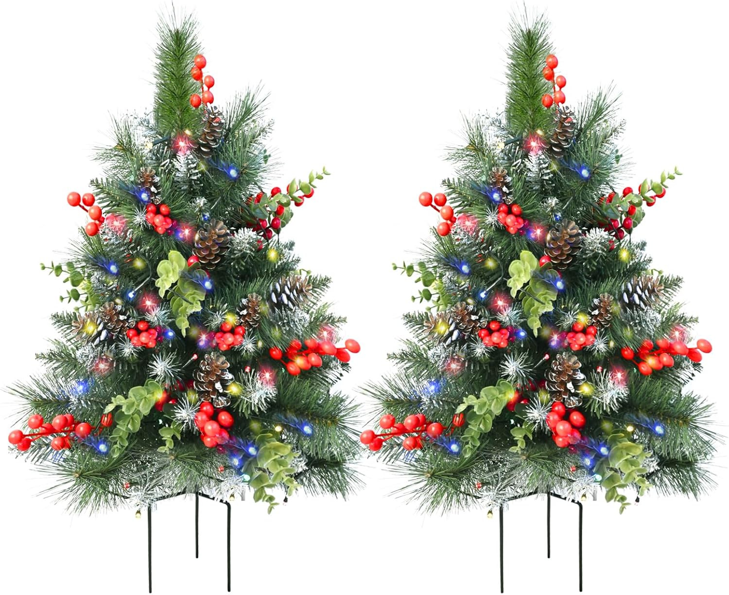 Set of 2 30" Outdoor Christmas Tree with 60 Multi-Color Lights,8 Modes, Pre-lit Christmas Urn Fillers for Planters, Small Christmas Tree for Pathway Front Porch Yard Garden Winter Holiday Decorations 29.5" White Flocked