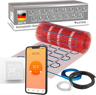 VILSTEIN® Elektrische Fußbodenheizung 200W/m² Set – Komplettset mit WiFi | Touchscreen-Thermostat & App-Steuerung – Heizmatte Twin-Technologie geeignet für Laminat, Fliesen & mehr – 6m²
