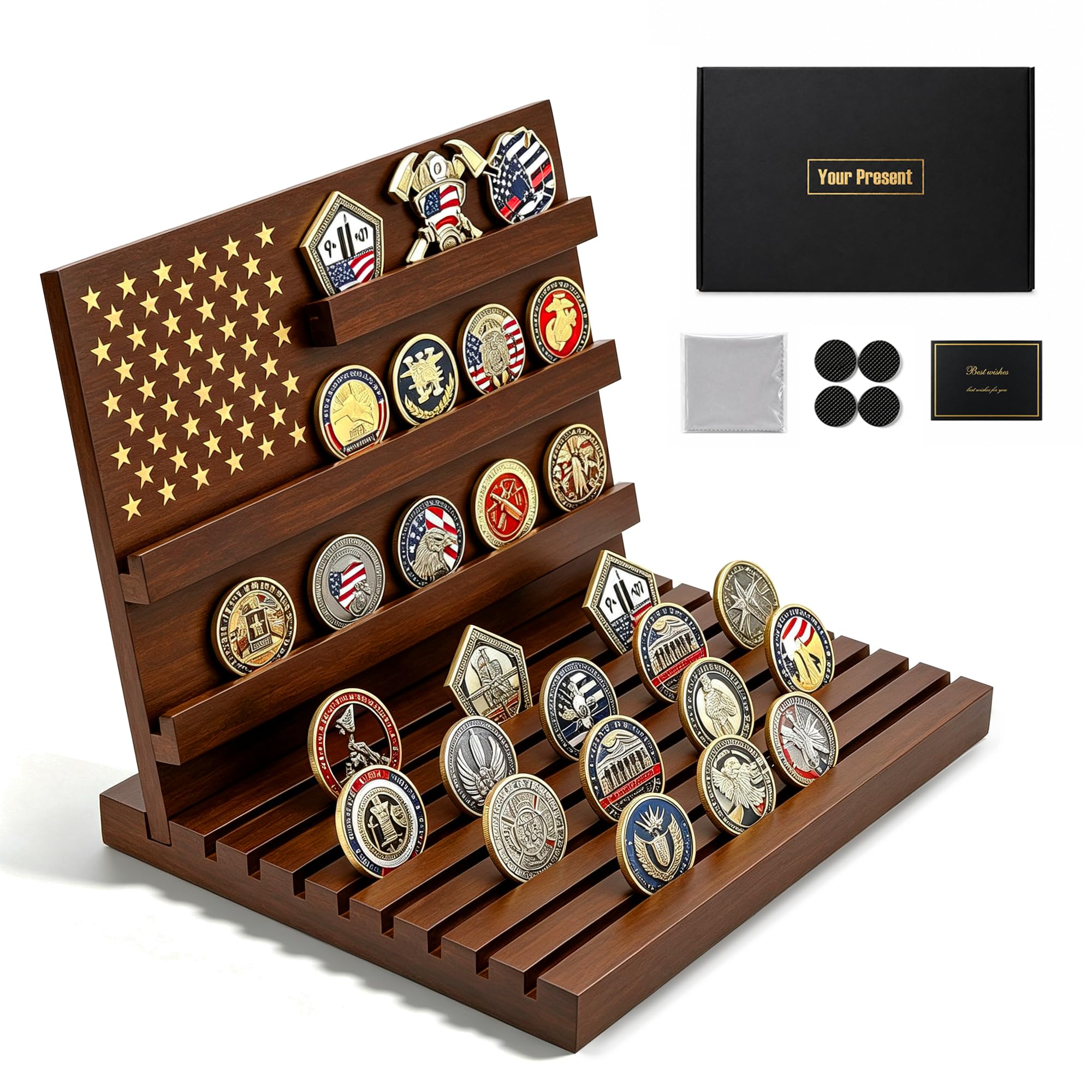 Challenge Coin Display, Solid Wood Military Holder Up to 80 Coins