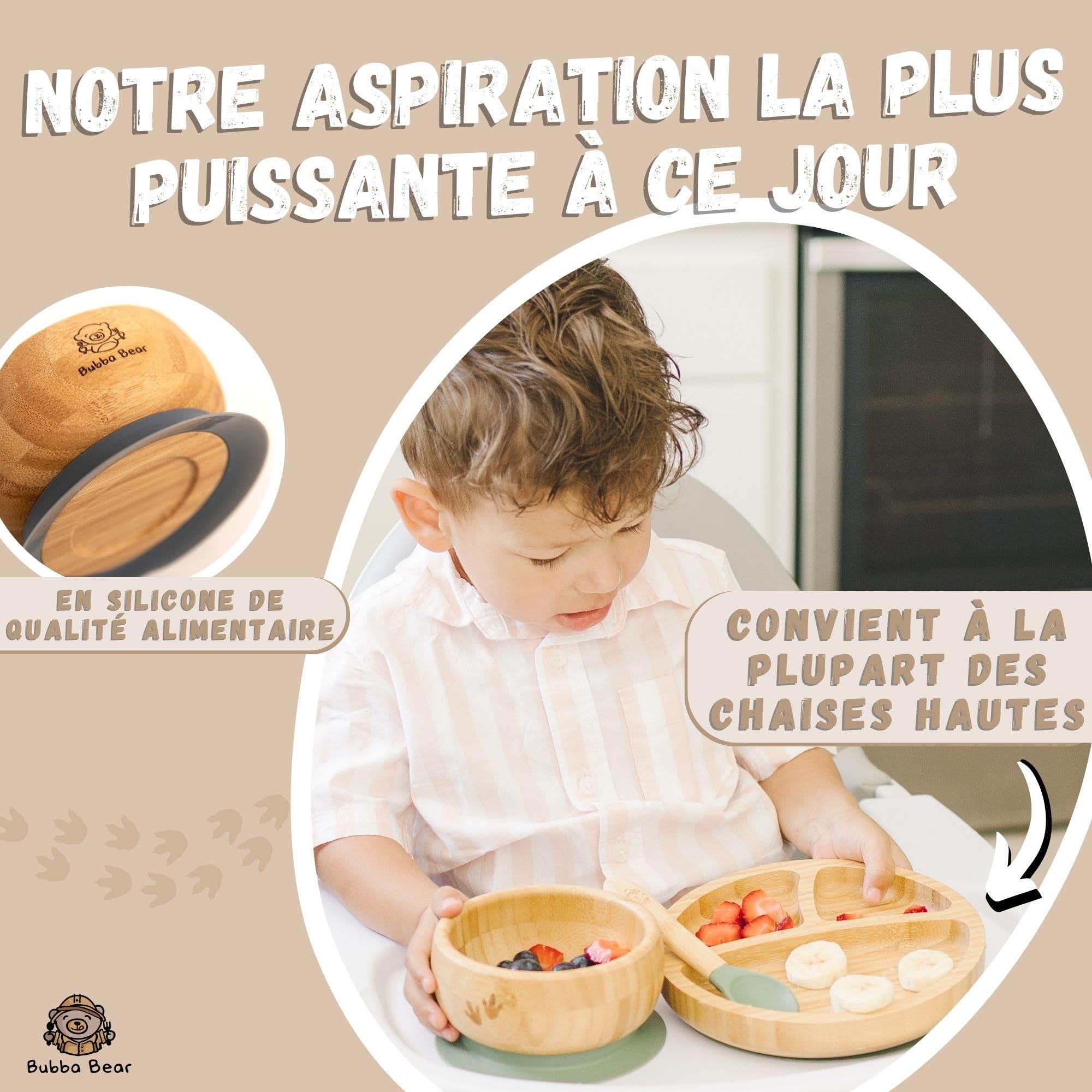 Bamboo Bamboo Set Bébé Sevrage – Assiette & Bol à Ventouse + Cuillère Silicone, Bambou Naturel Antibactérien, Orange