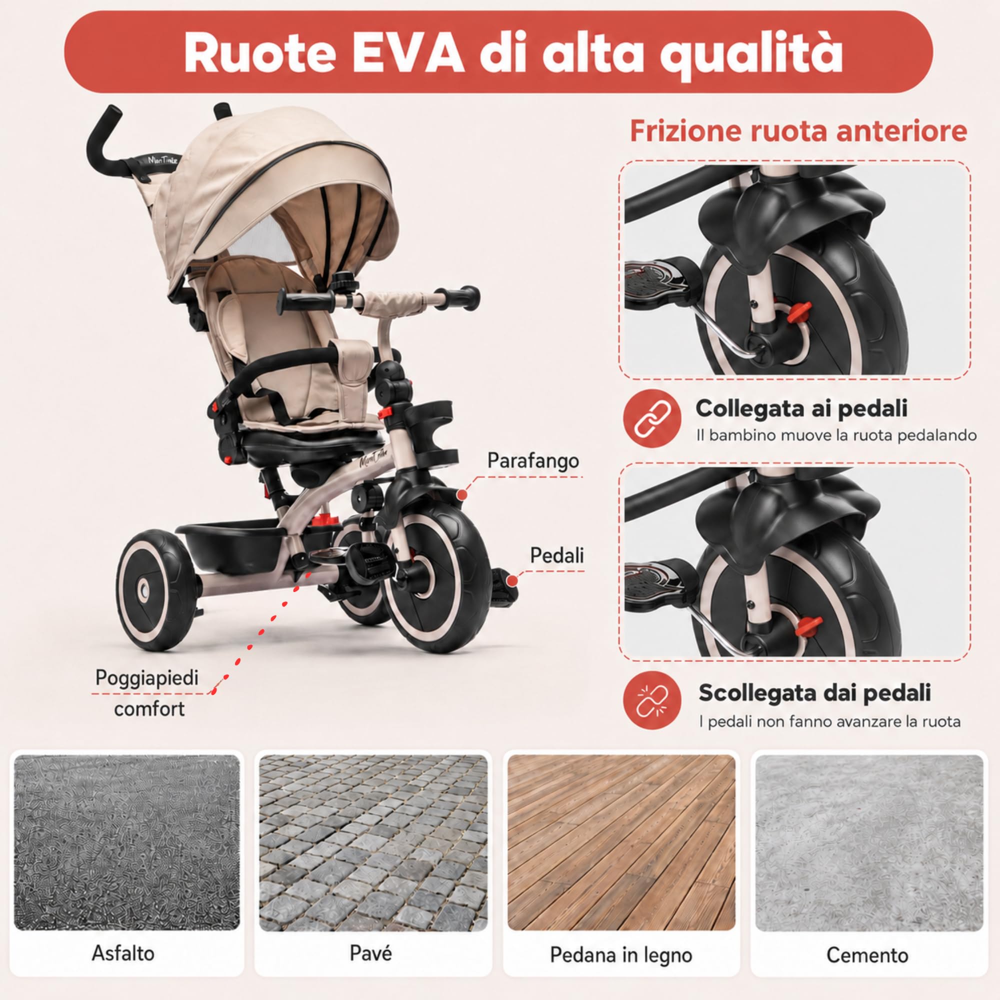 MonTrike Triciclo Explorer Gioco Evolutivo da 12 mesi a 5 anni Reclinabile 4 in 1 fino a 25 kg Sedile Girevole con Accessori e Ruote in Gomma Eva (Cappuccino)