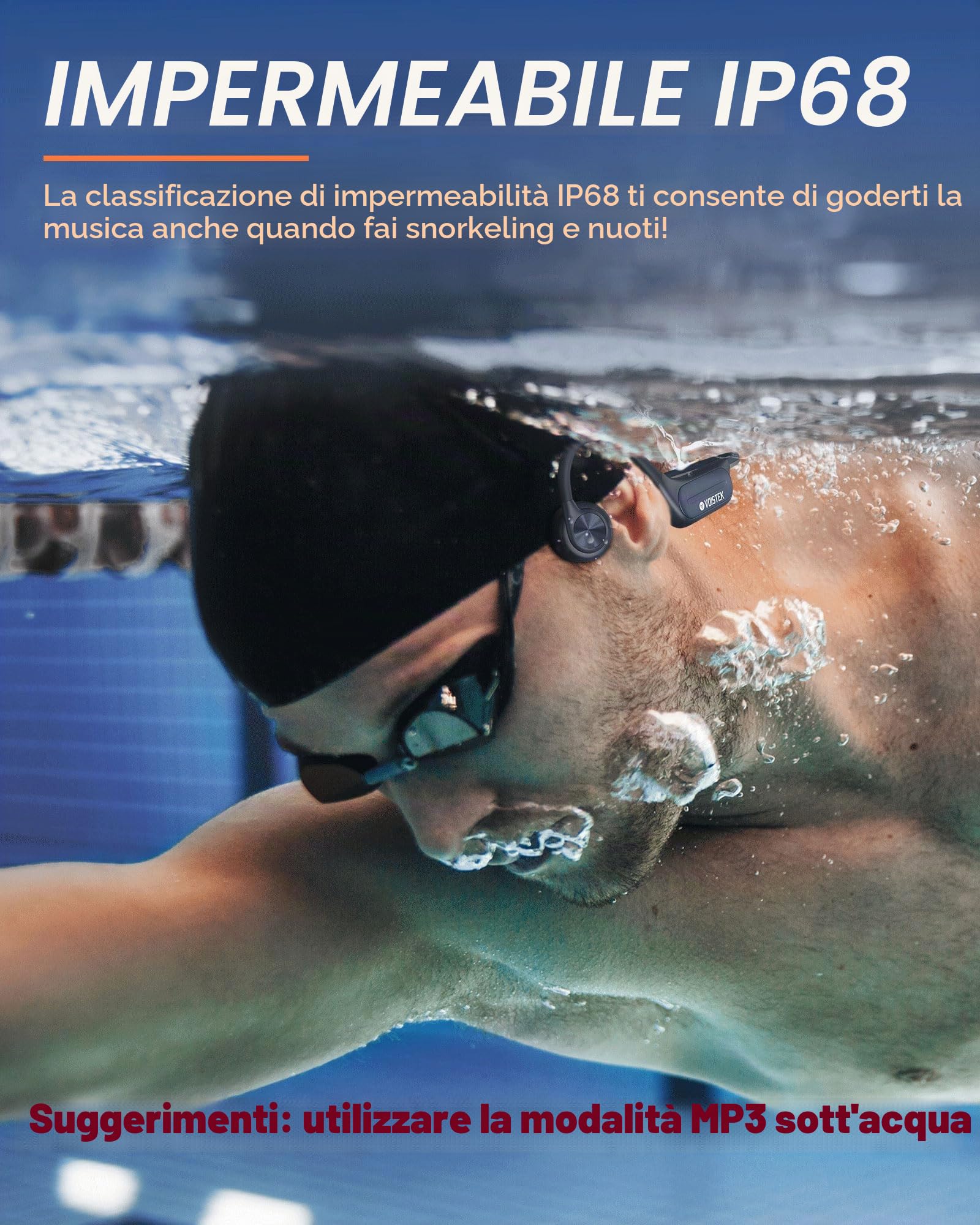 Voistek Cuffie Sportive Conduzione Ossea, Bluetooth 5.4 con IP68 Impermeabili a Prova d'Acqua, Subacquee per Piscina e Nuoto, Memoria 32G con Lettore MP3 Integrato, Auricolari per Surf, Ciclismo